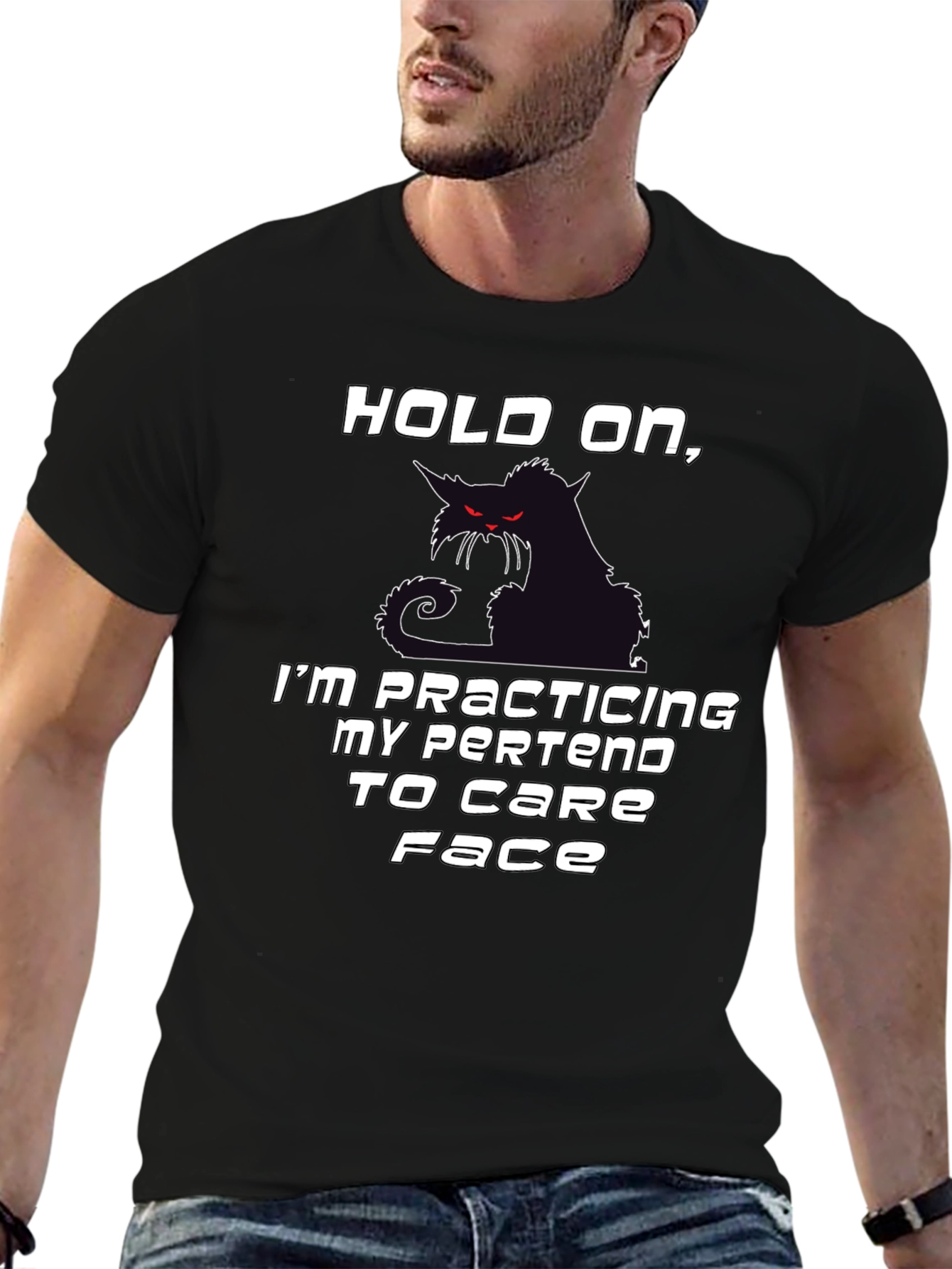 Camiseta Negra Hold On con Gato Sarcástico
