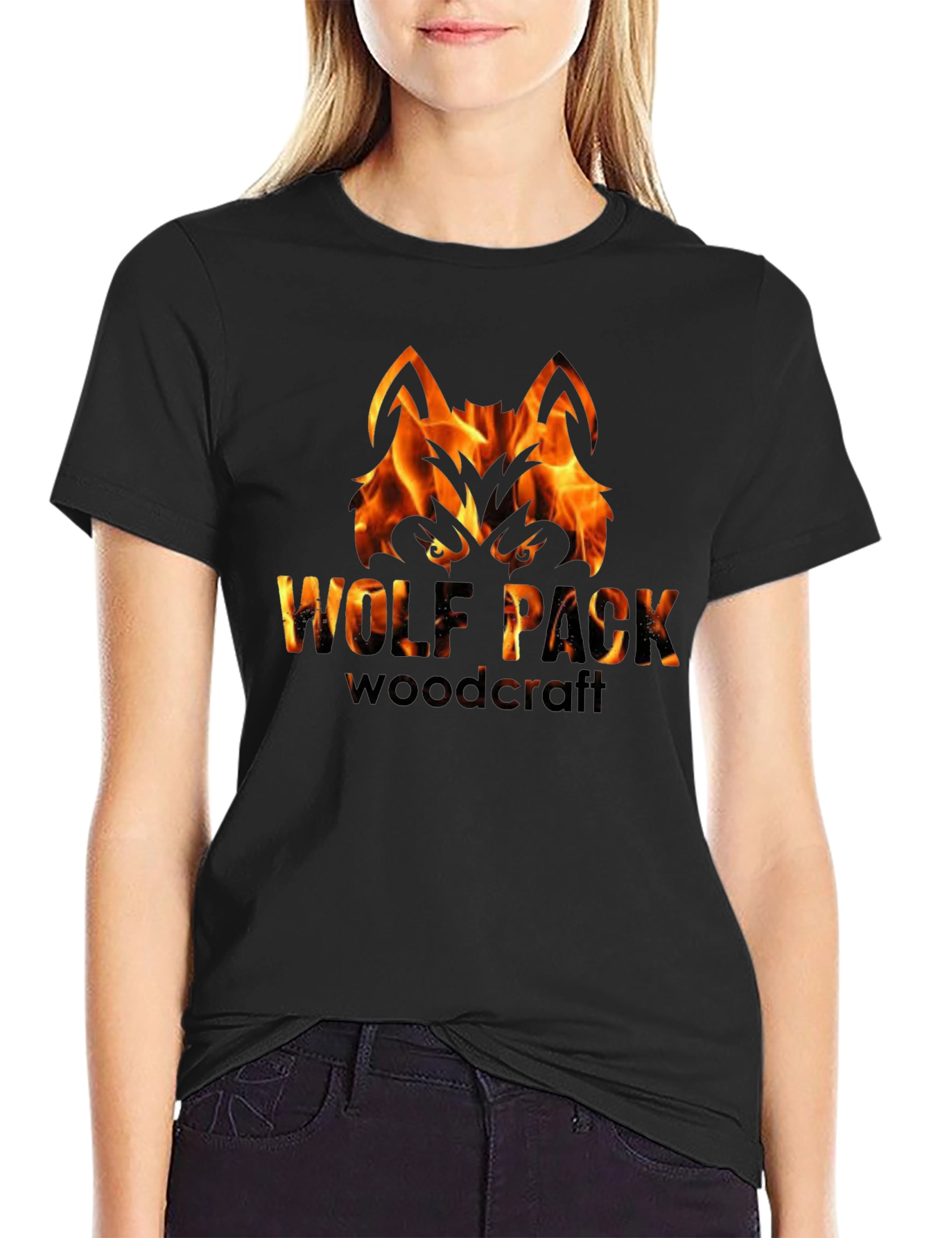 Camiseta Negra Hombre - Diseño Lobo de Fuego