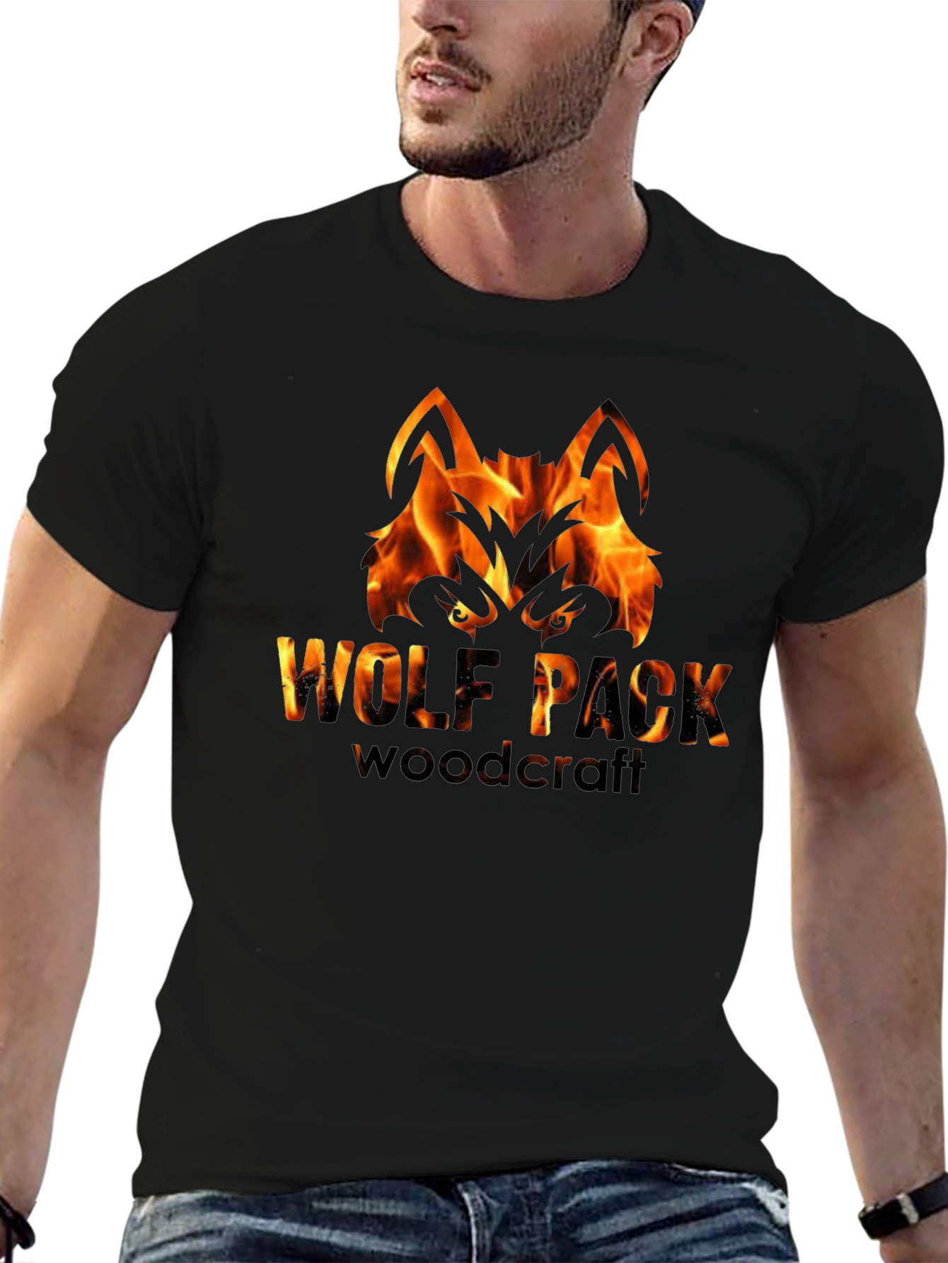 Camiseta Negra Hombre - Diseño Lobo de Fuego