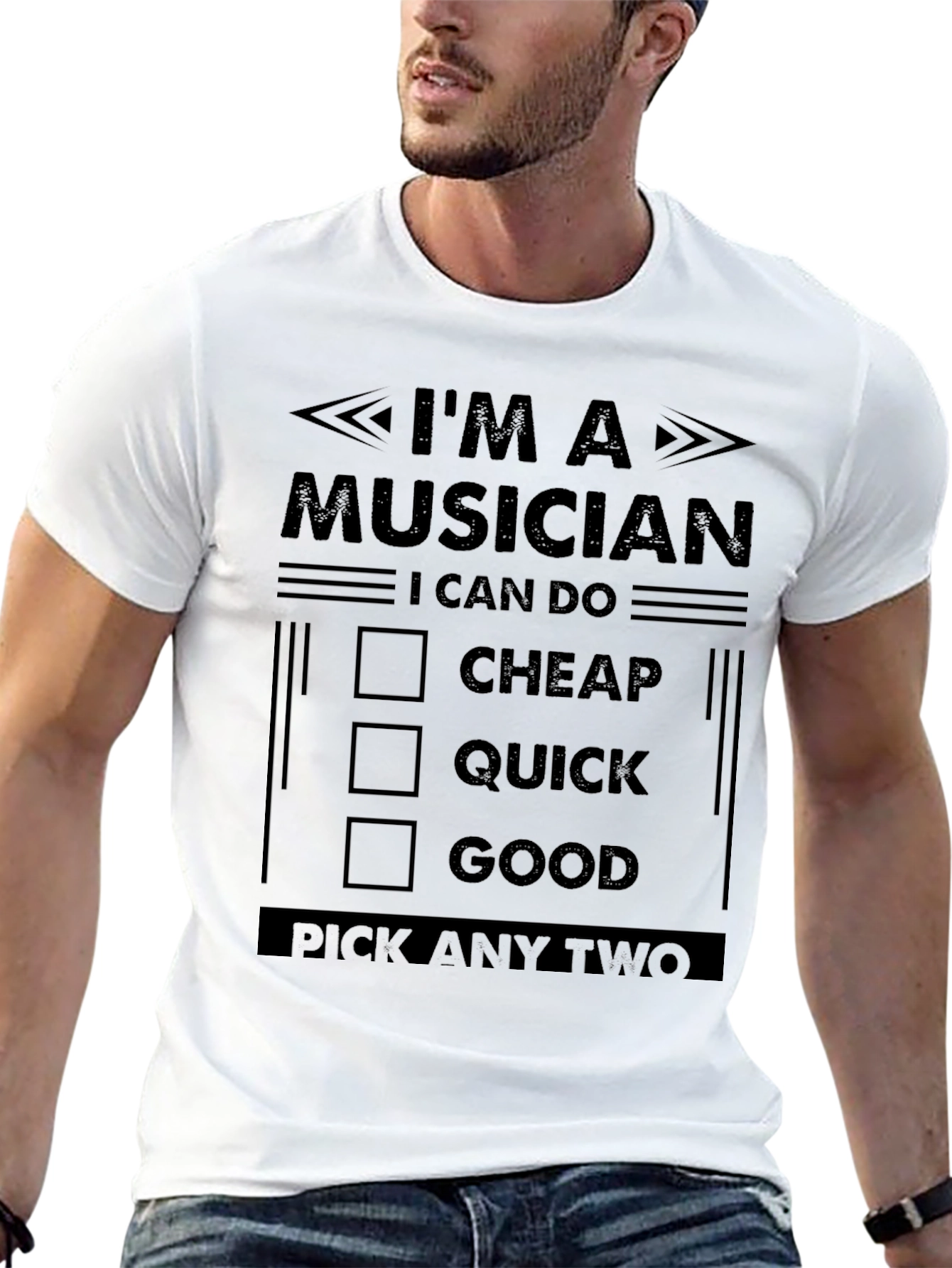 Camiseta Negra: Músico - Rápido Bueno Barato. Elige Dos