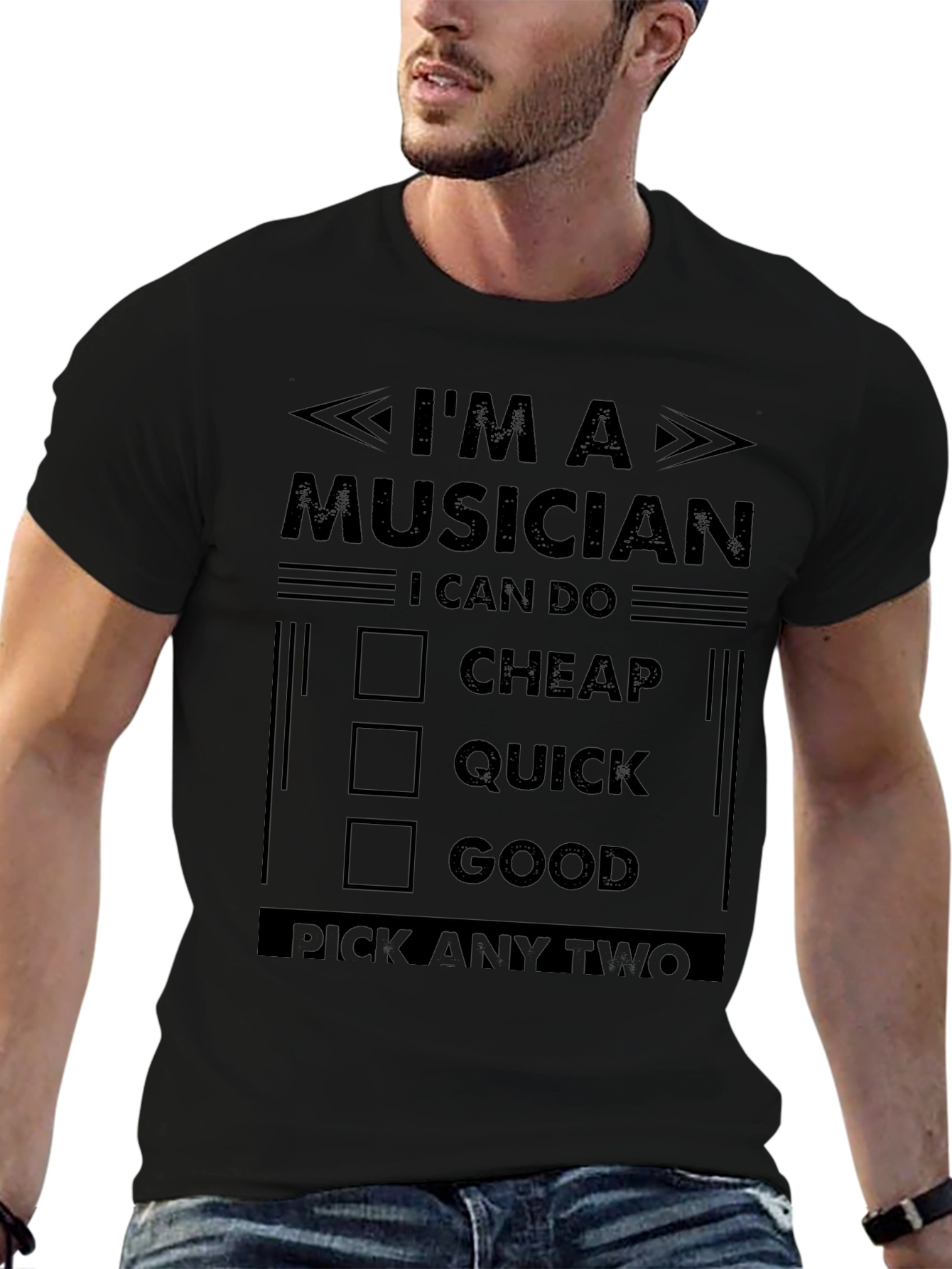 Camiseta Negra: Músico - Rápido Bueno Barato. Elige Dos