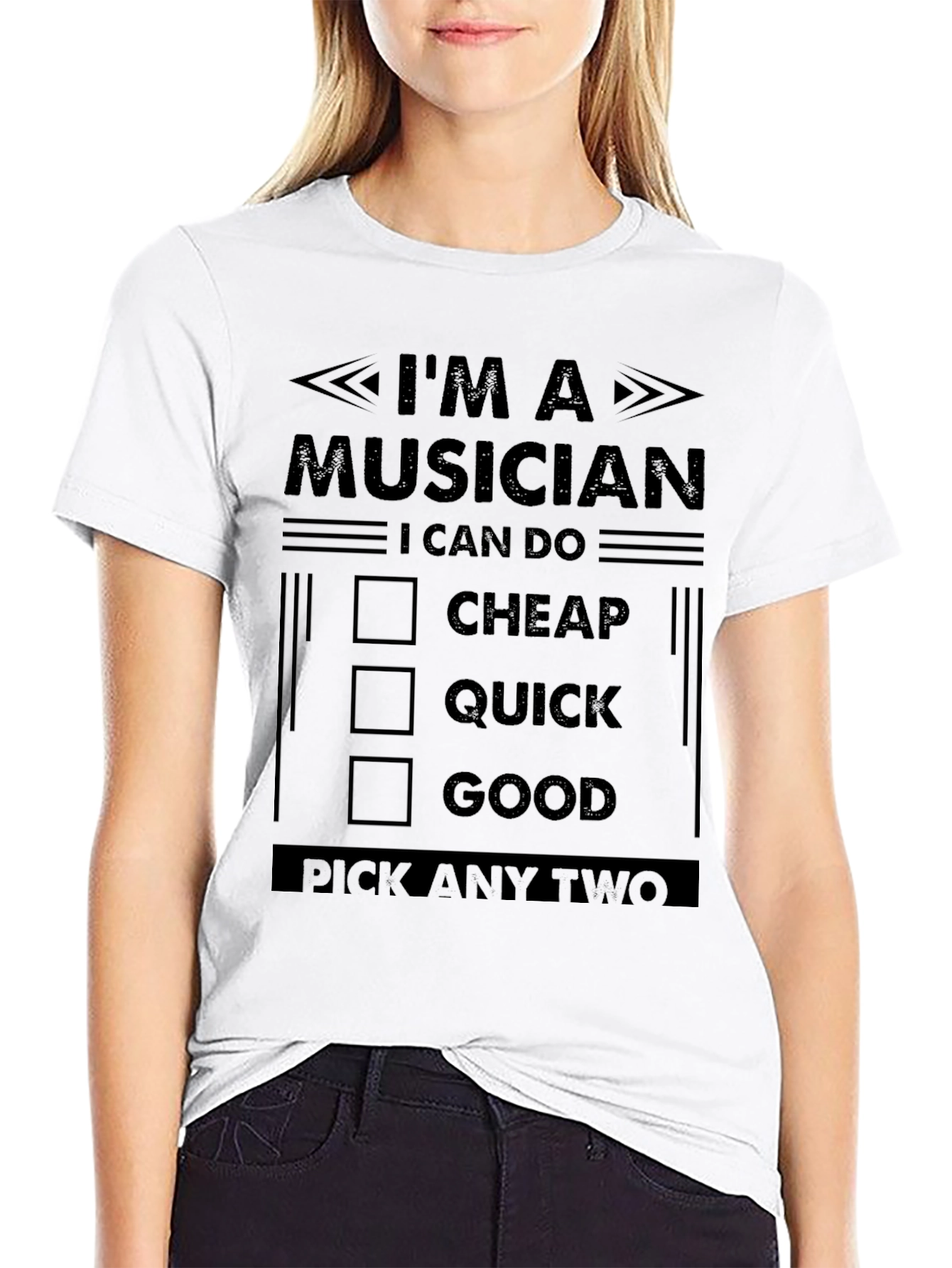 Camiseta Negra: Músico - Rápido Bueno Barato. Elige Dos