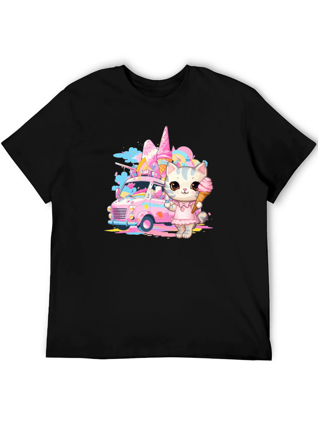 Camiseta Negra con Diseño de Gato Heladero