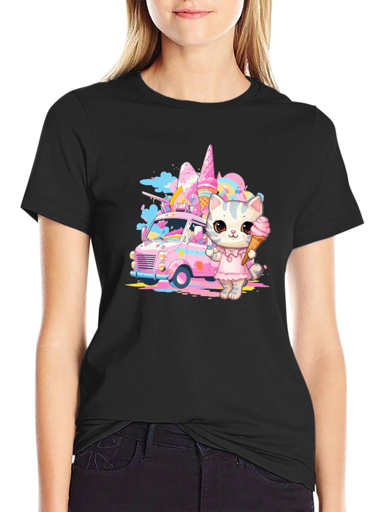 Camiseta Negra con Diseño de Gato Heladero