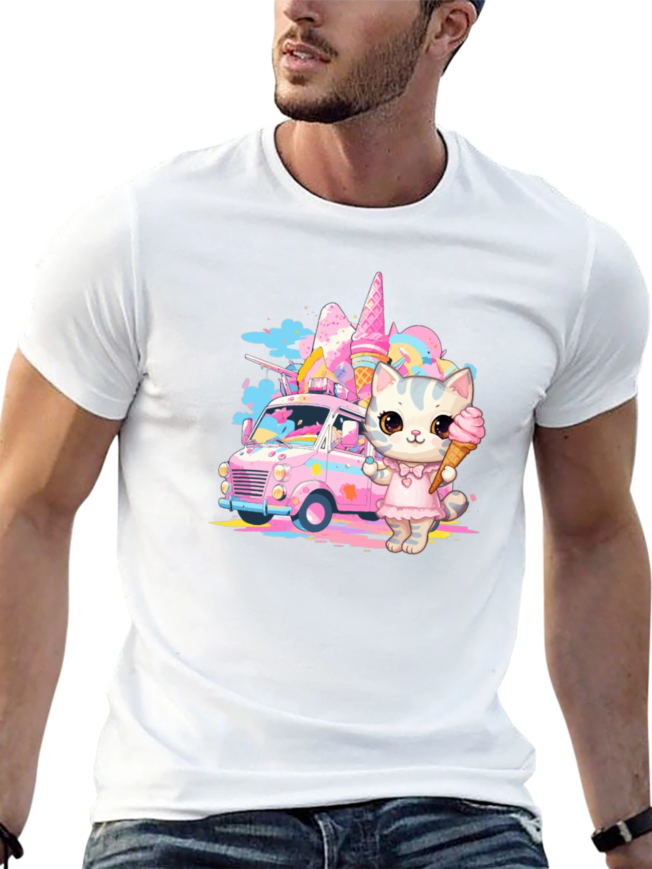 Camiseta Negra con Diseño de Gato Heladero