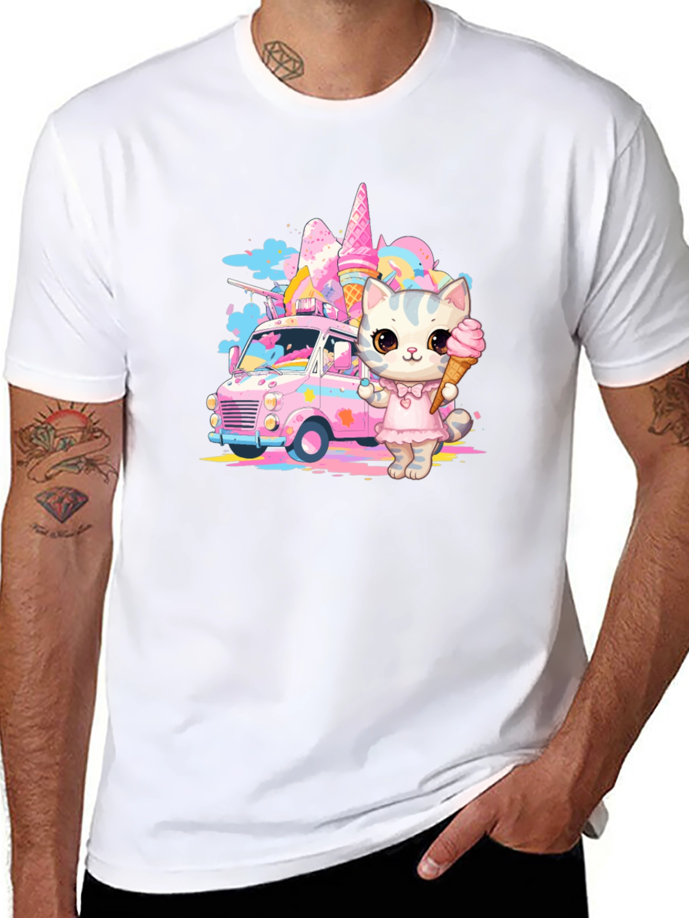 Camiseta Negra con Diseño de Gato Heladero