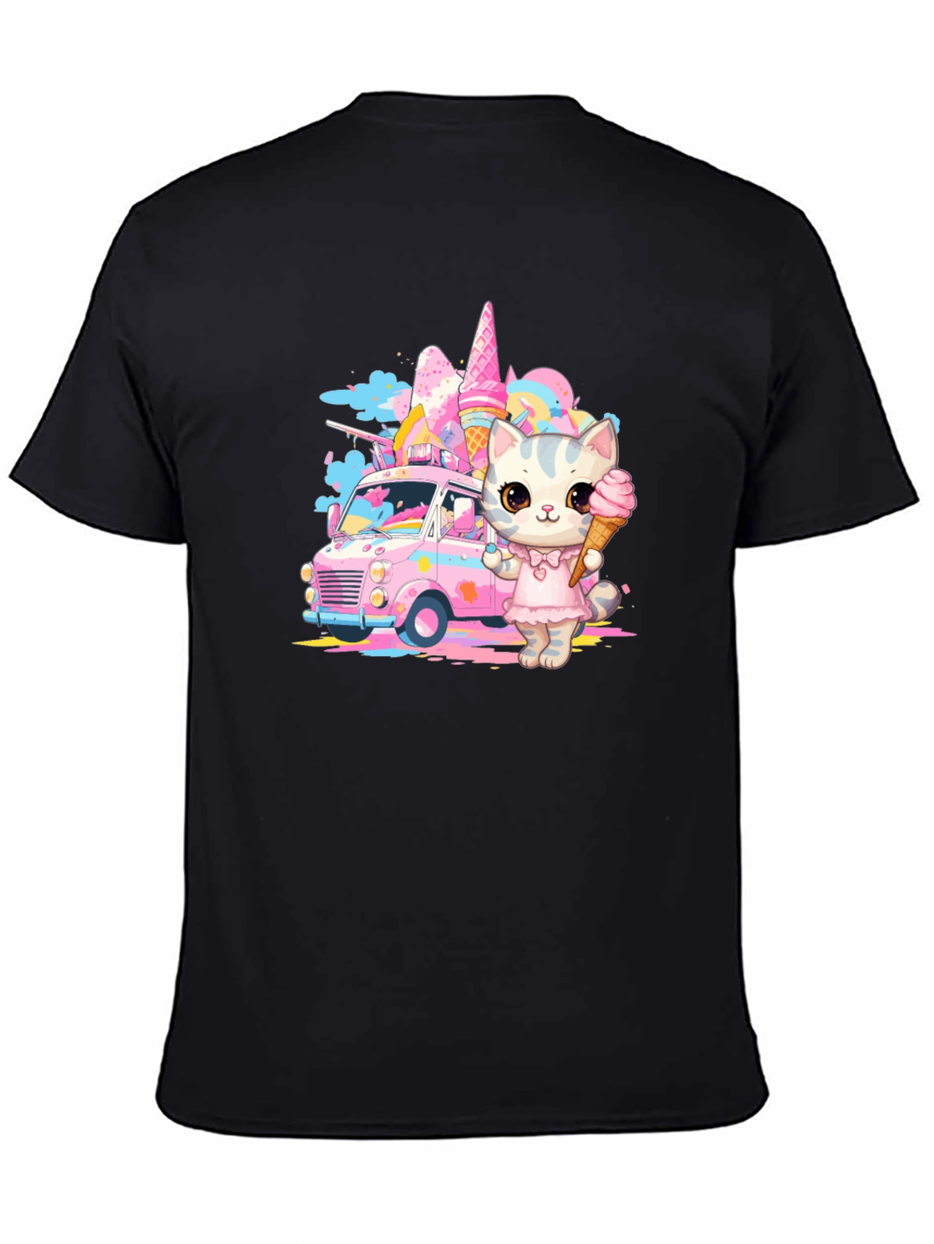 Camiseta Negra con Diseño de Gato Heladero