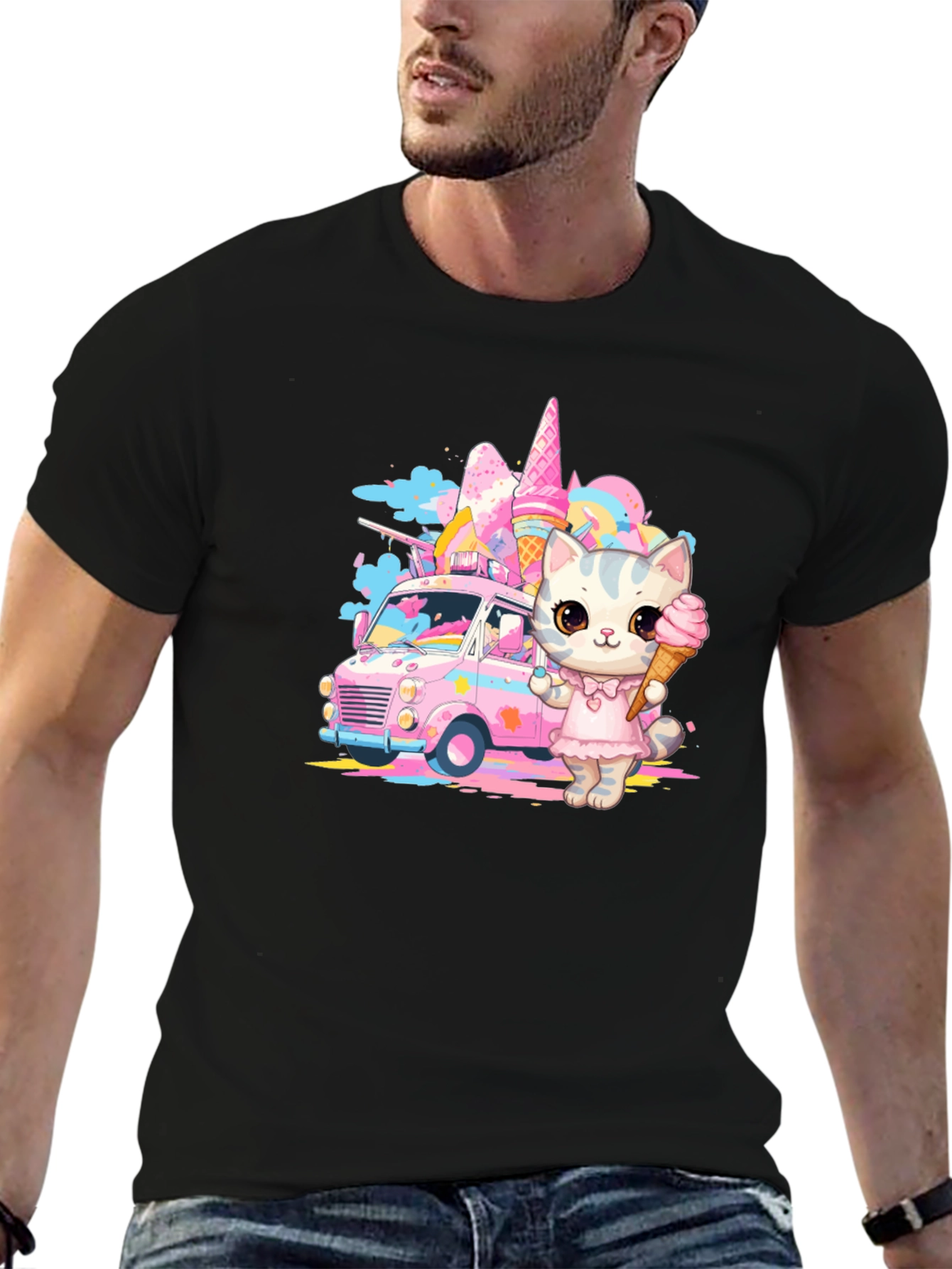 Camiseta Negra con Diseño de Gato Heladero