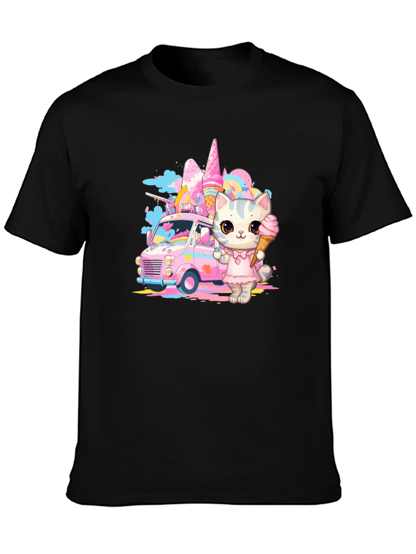 Camiseta Negra con Diseño de Gato Heladero