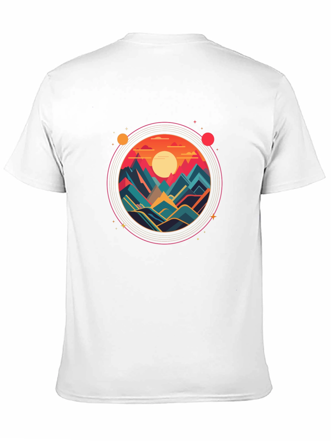Camiseta Negra con Diseño Circular de Montañas al Atardecer