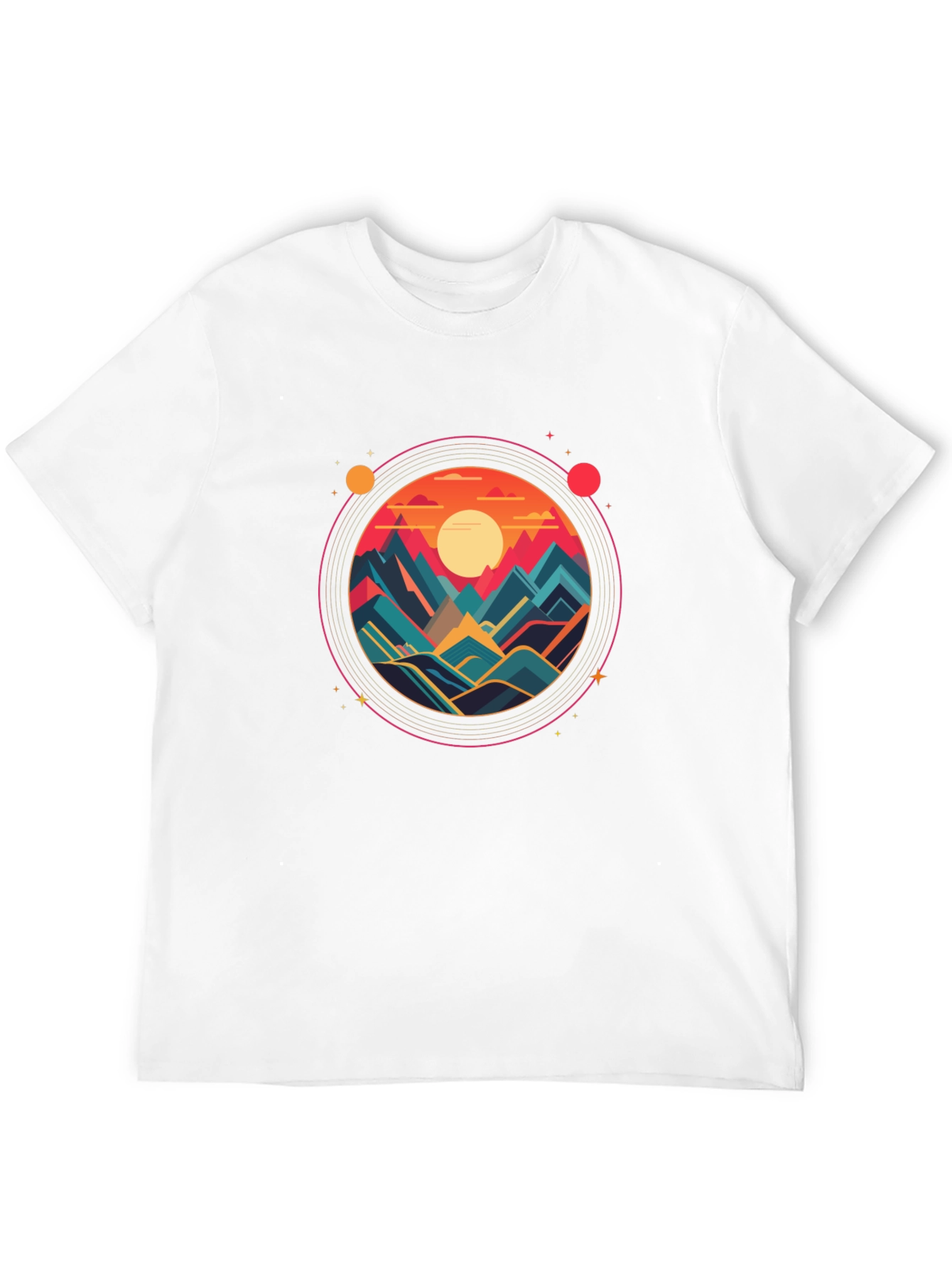 Camiseta Negra con Diseño Circular de Montañas al Atardecer