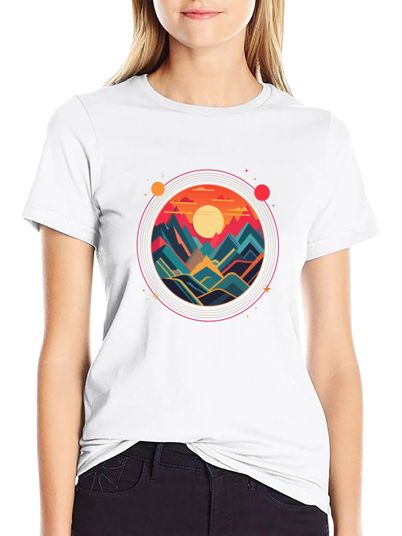 Camiseta Negra con Diseño Circular de Montañas al Atardecer