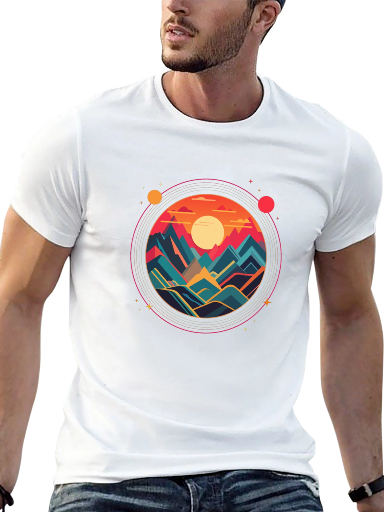 Camiseta Negra con Diseño Circular de Montañas al Atardecer