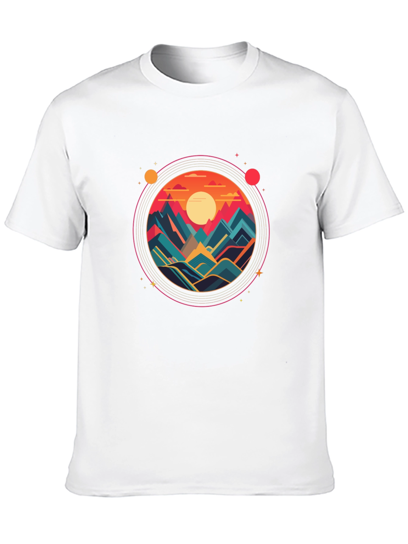 Camiseta Negra con Diseño Circular de Montañas al Atardecer