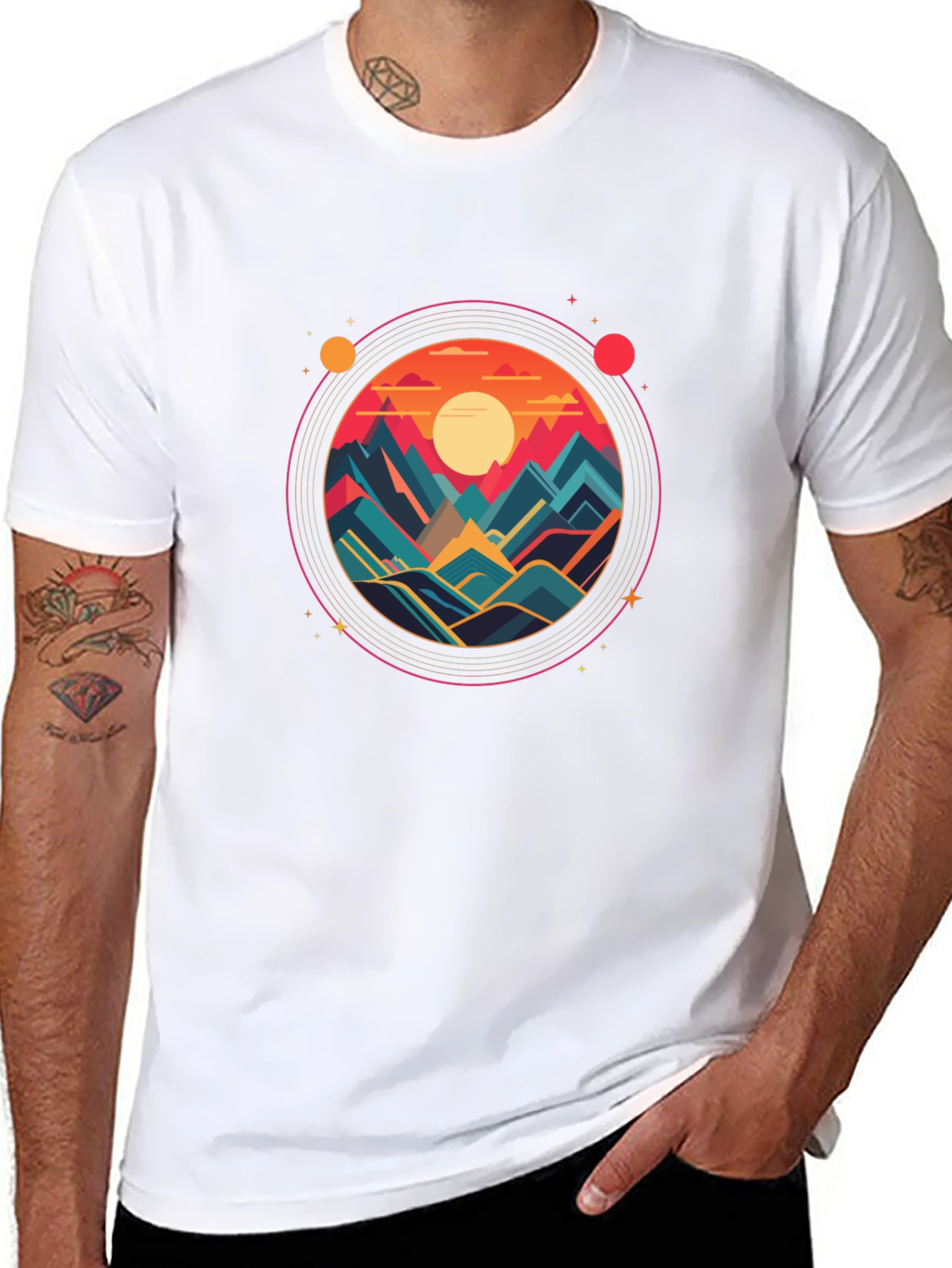Camiseta Negra con Diseño Circular de Montañas al Atardecer
