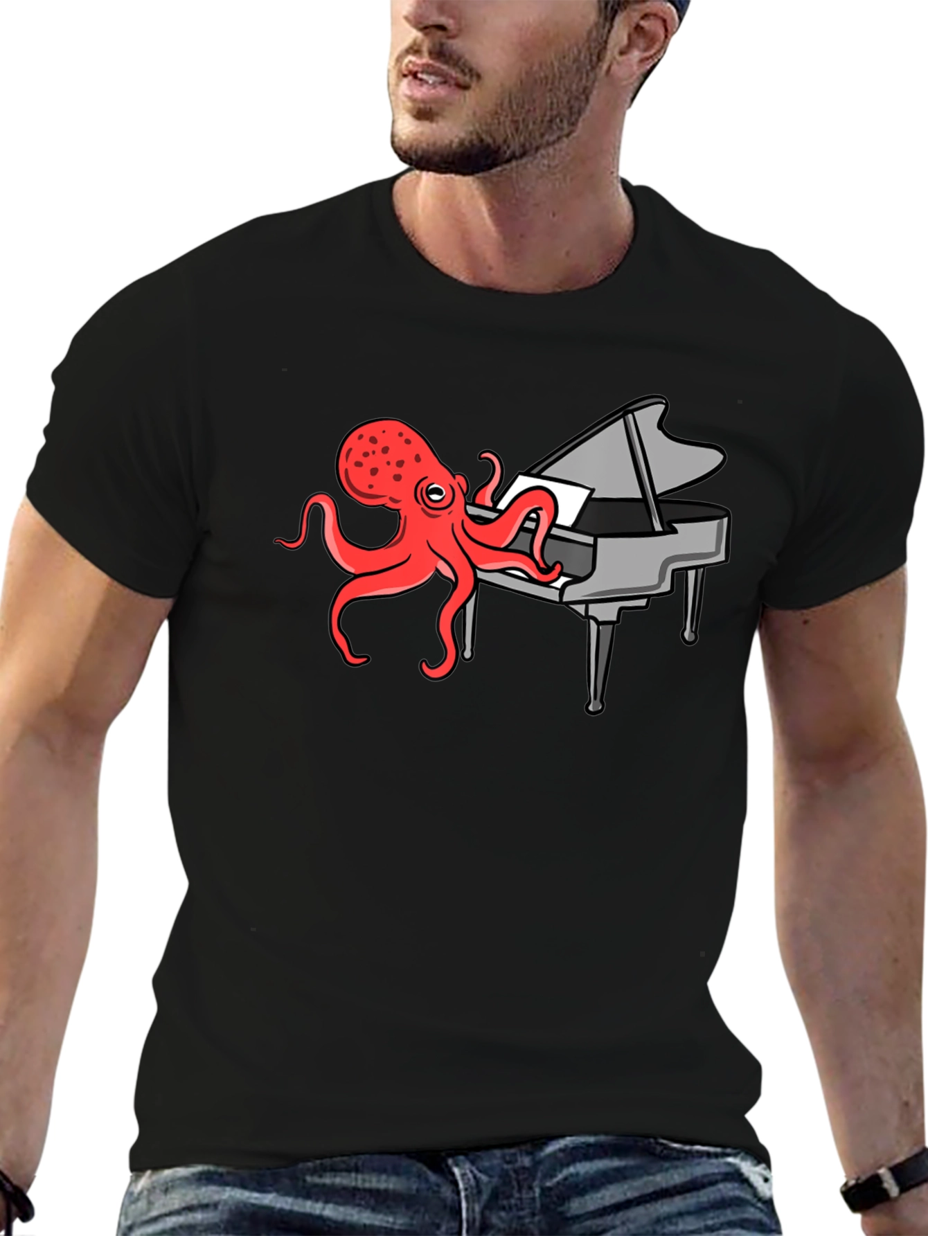 Camiseta Negra Hombre - Pulpo Pianista Divertido