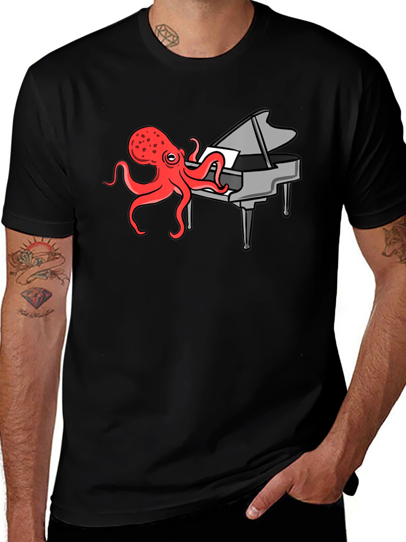 Camiseta Negra Hombre - Pulpo Pianista Divertido