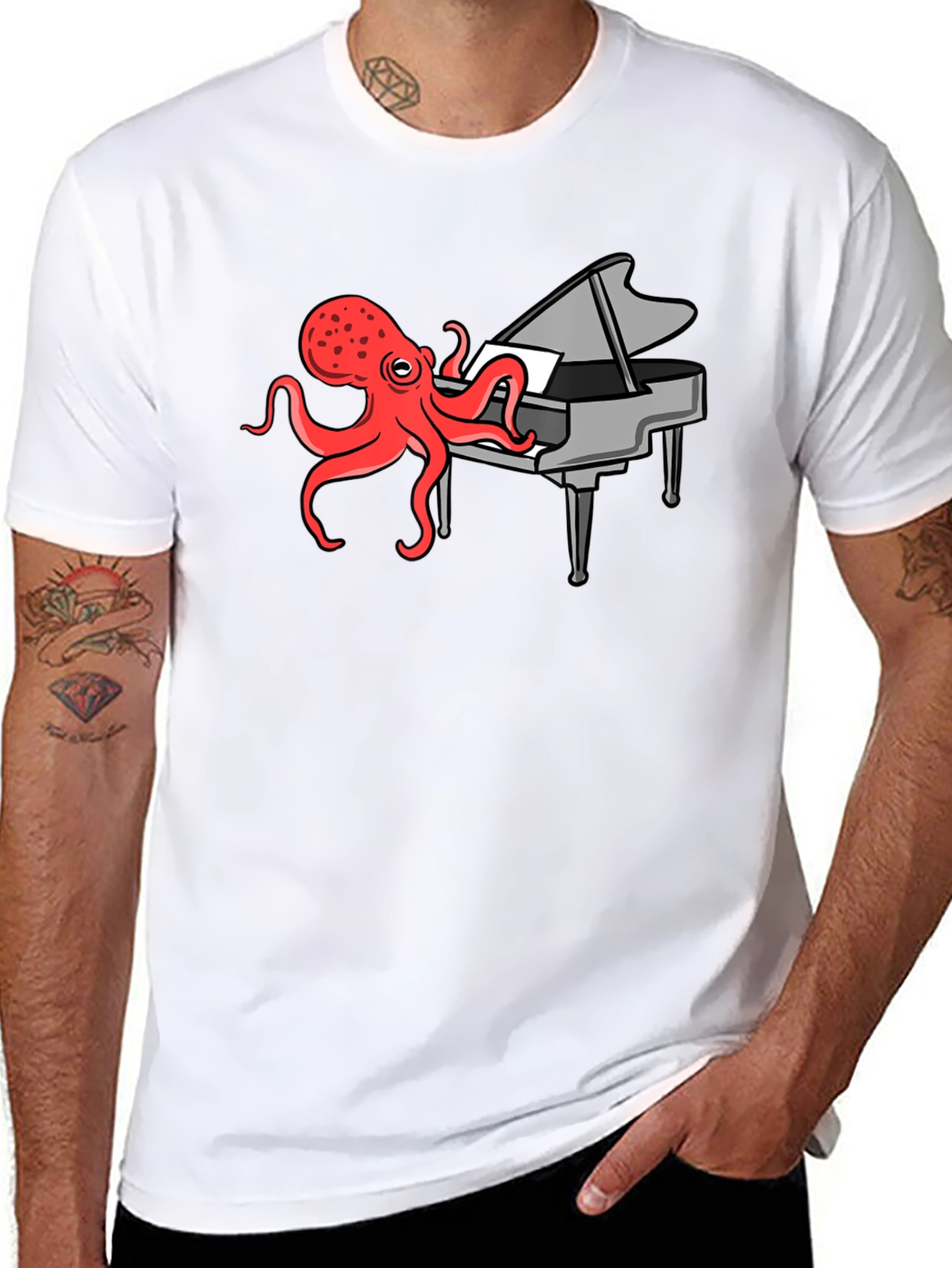 Camiseta Negra Hombre - Pulpo Pianista Divertido