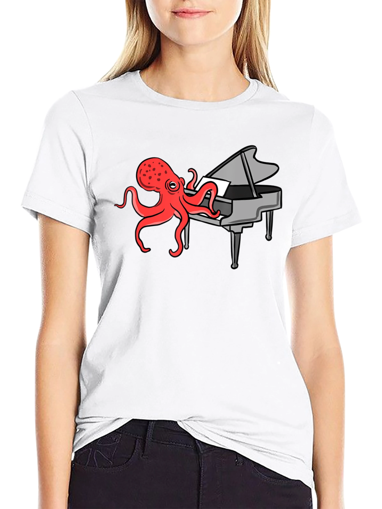 Camiseta Negra Hombre - Pulpo Pianista Divertido