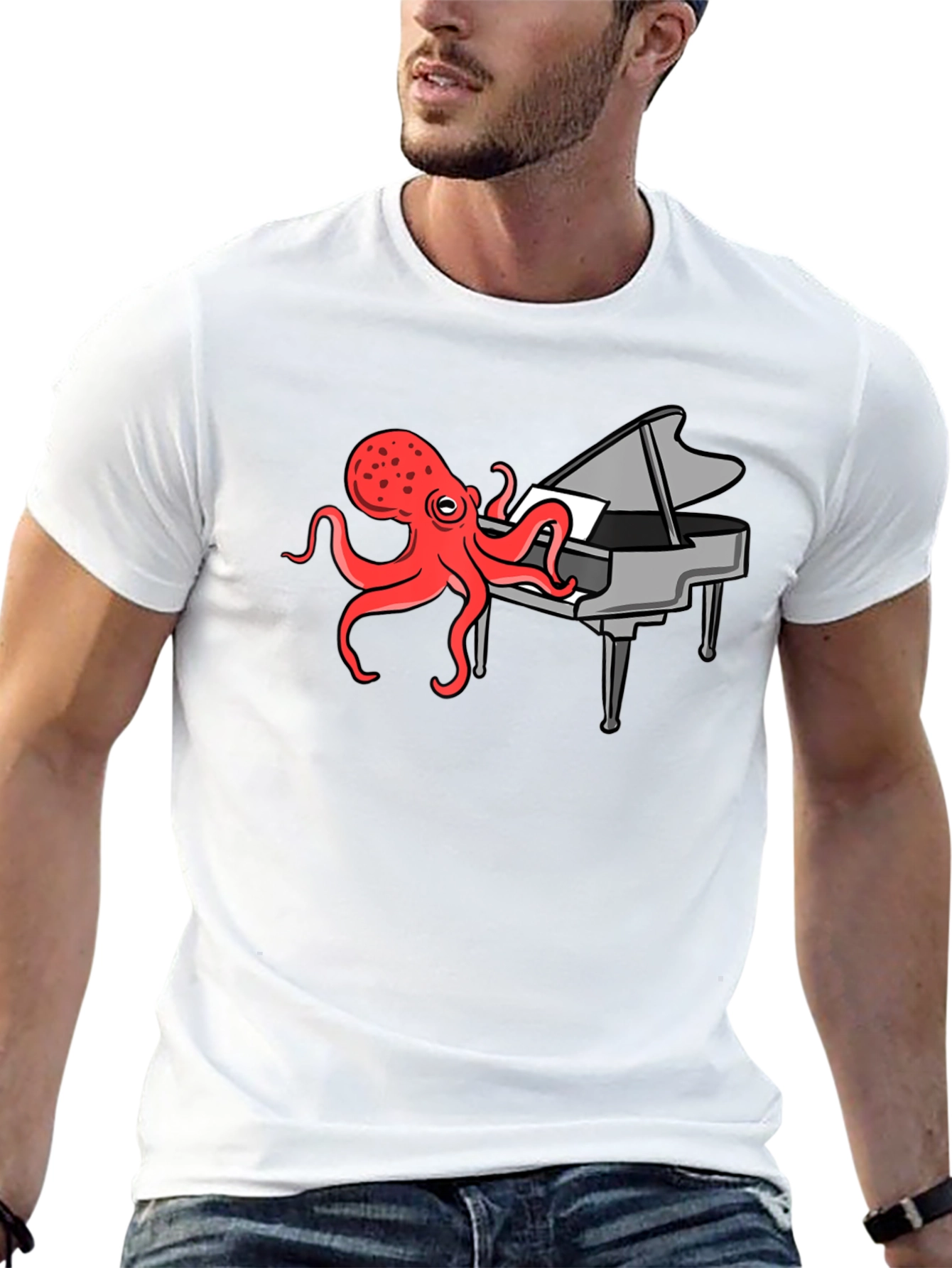 Camiseta Negra Hombre - Pulpo Pianista Divertido