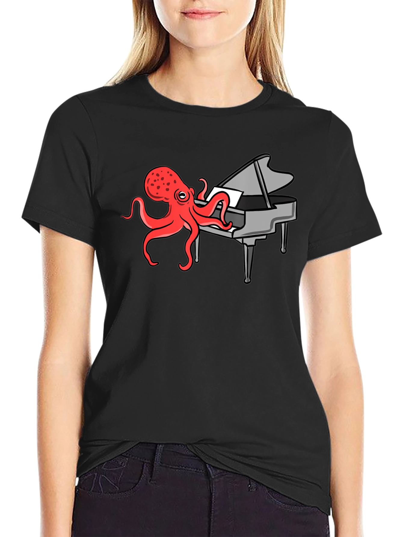 Camiseta Negra Hombre - Pulpo Pianista Divertido