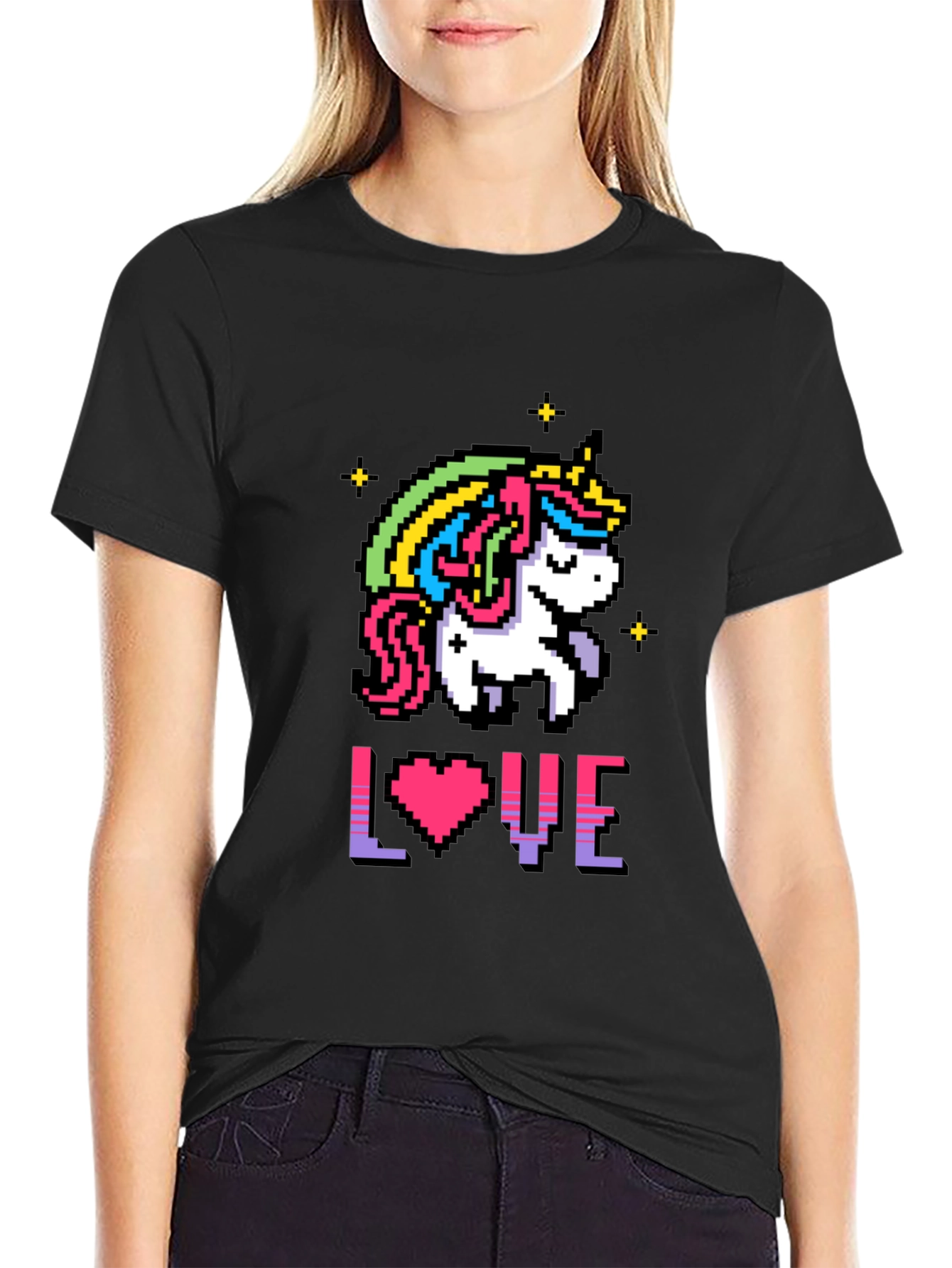 Camiseta Negra Unicornio Pixelado Amor