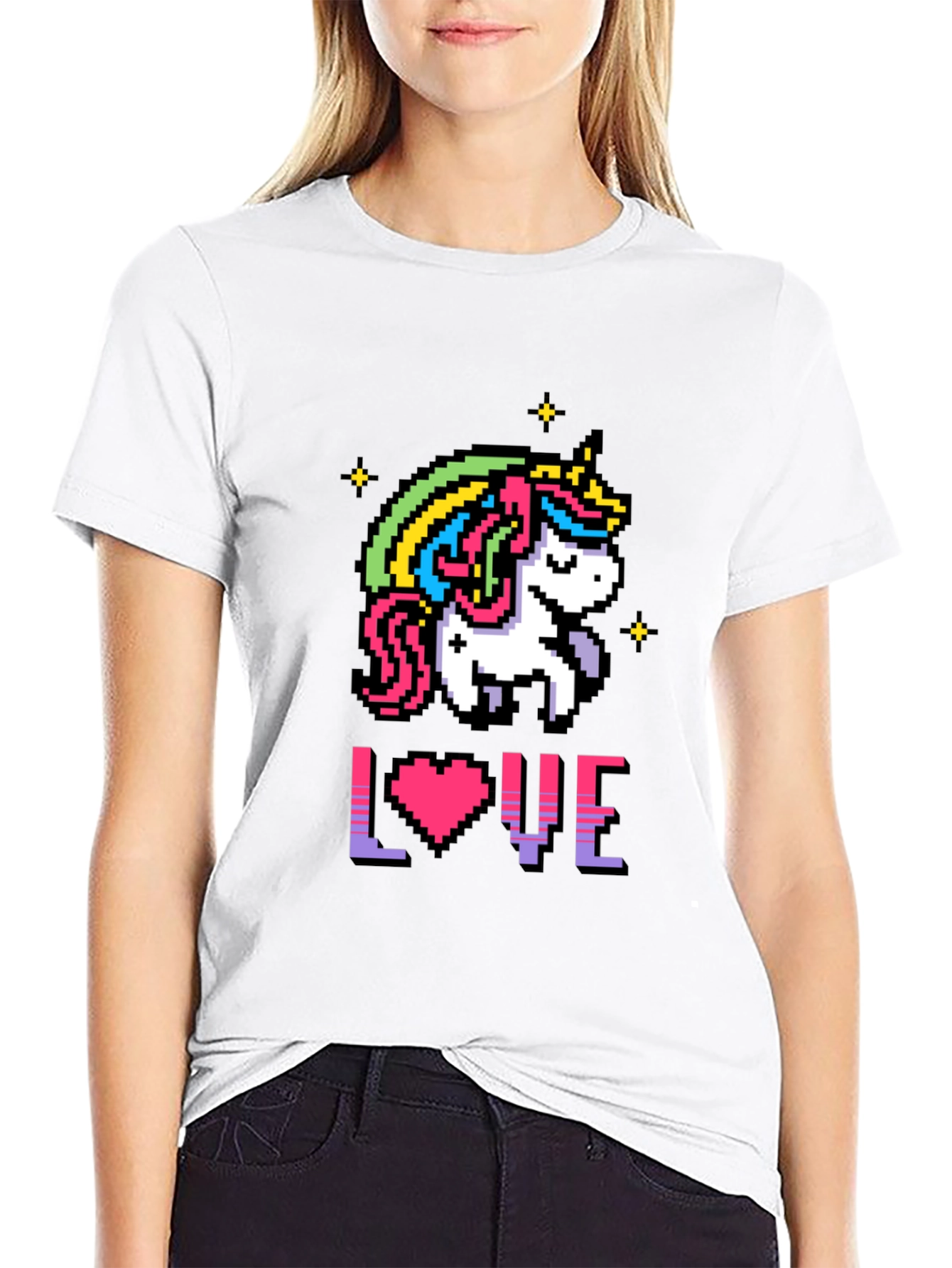 Camiseta Negra Unicornio Pixelado Amor