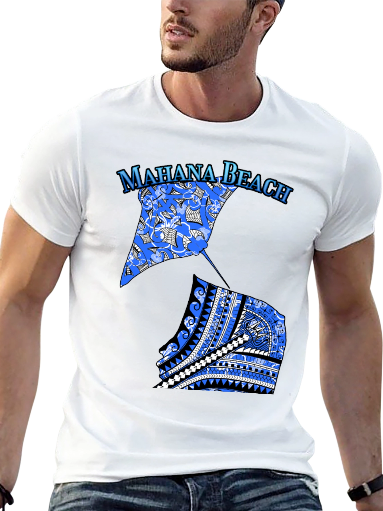 Camiseta Negra Mahana Beach Estampado Azul
