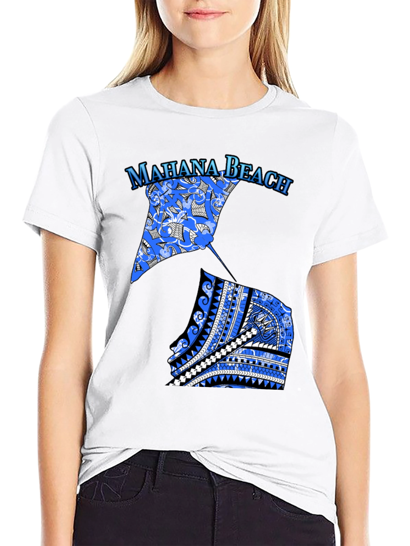 Camiseta Negra Mahana Beach Estampado Azul