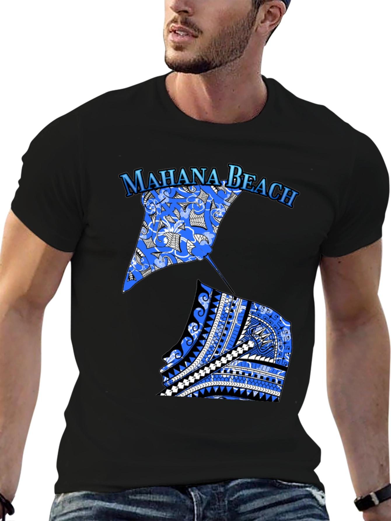 Camiseta Negra Mahana Beach Estampado Azul