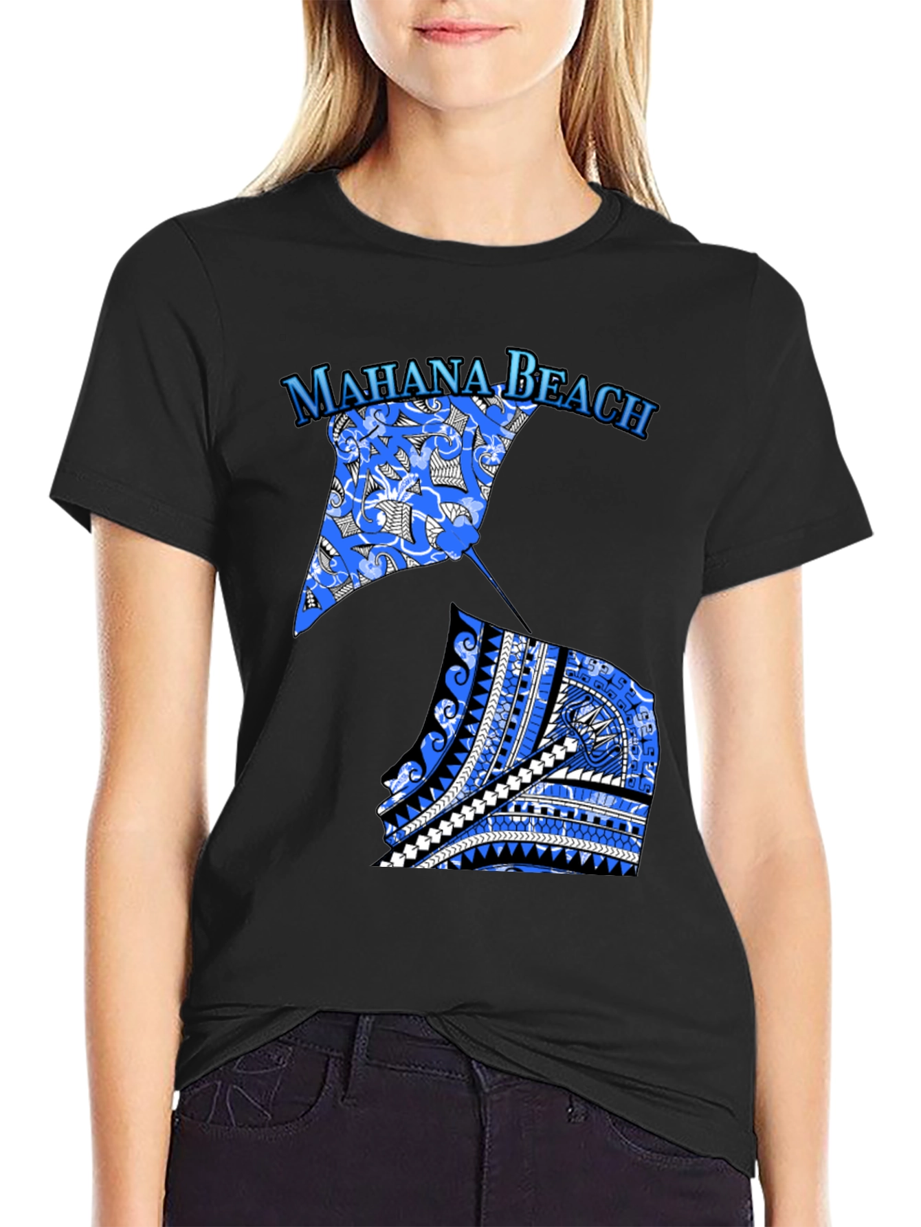 Camiseta Negra Mahana Beach Estampado Azul