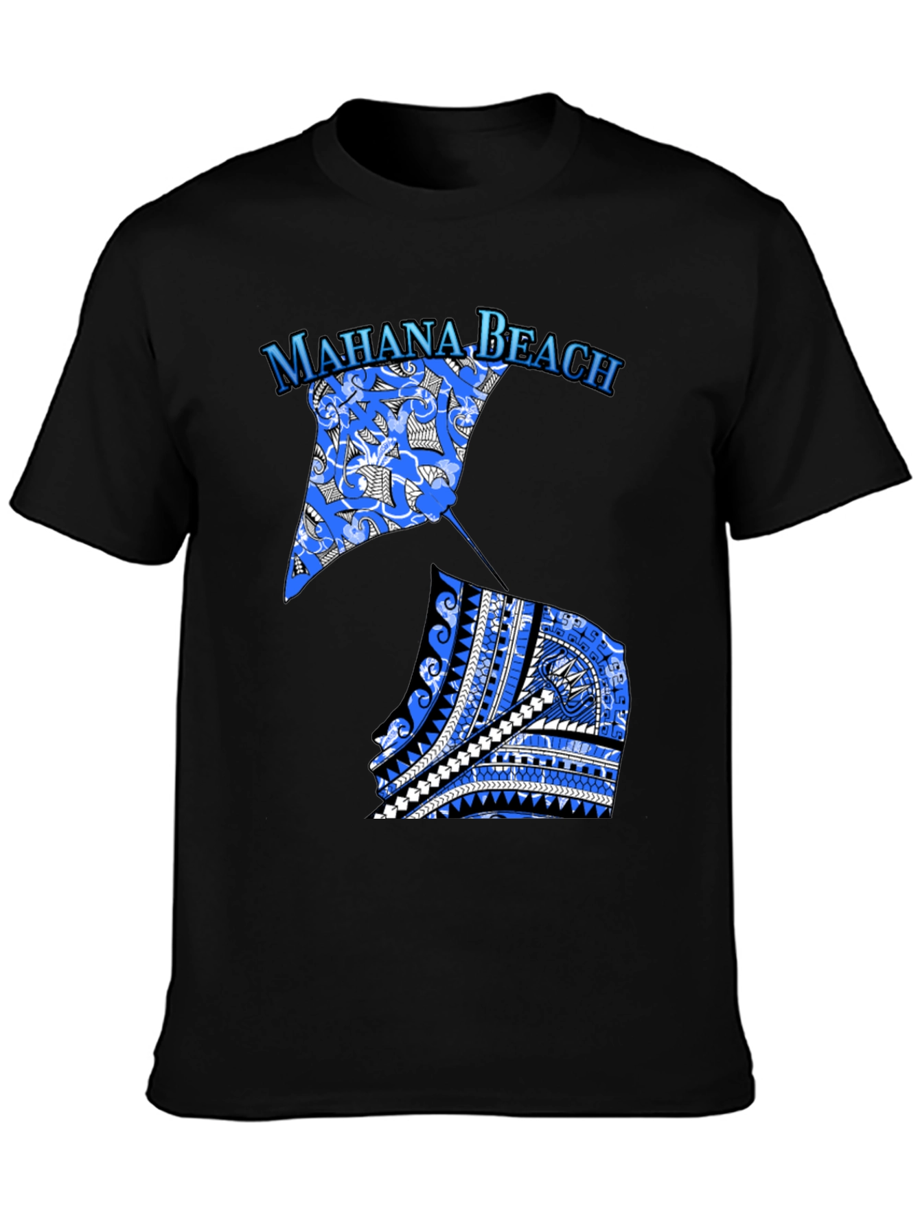 Camiseta Negra Mahana Beach Estampado Azul