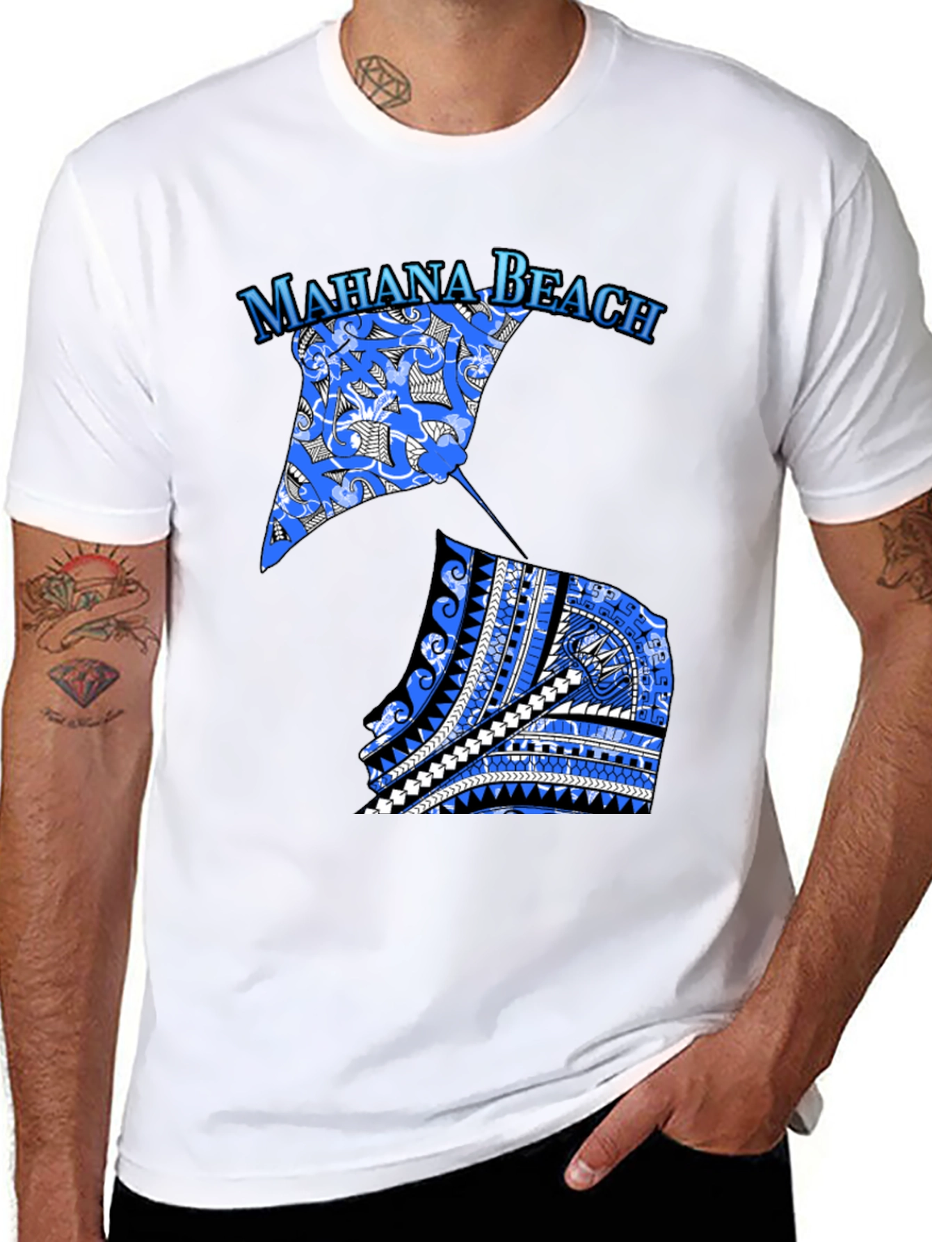 Camiseta Negra Mahana Beach Estampado Azul