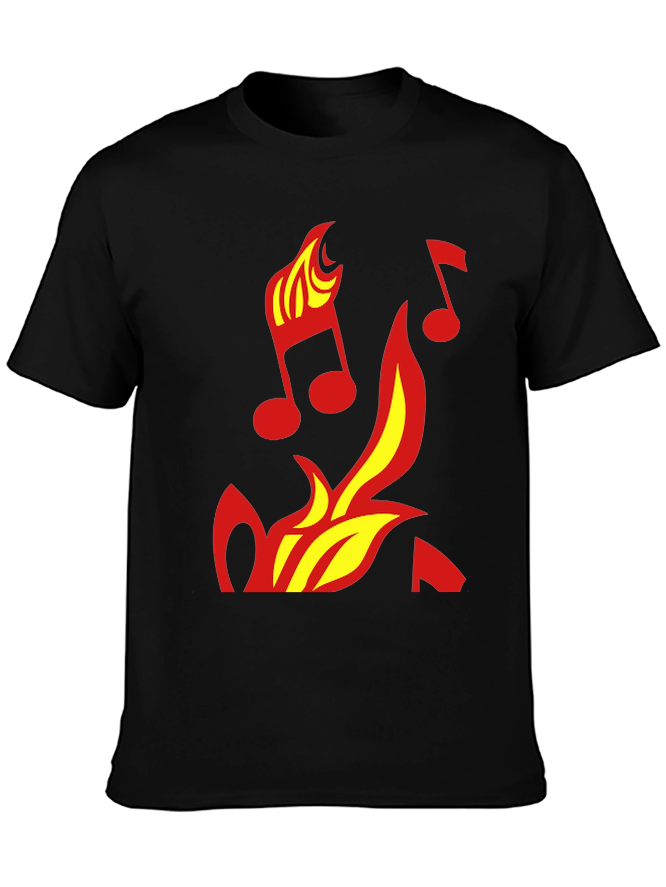 Camiseta Negra con Diseño de Fuego y Notas Musicales