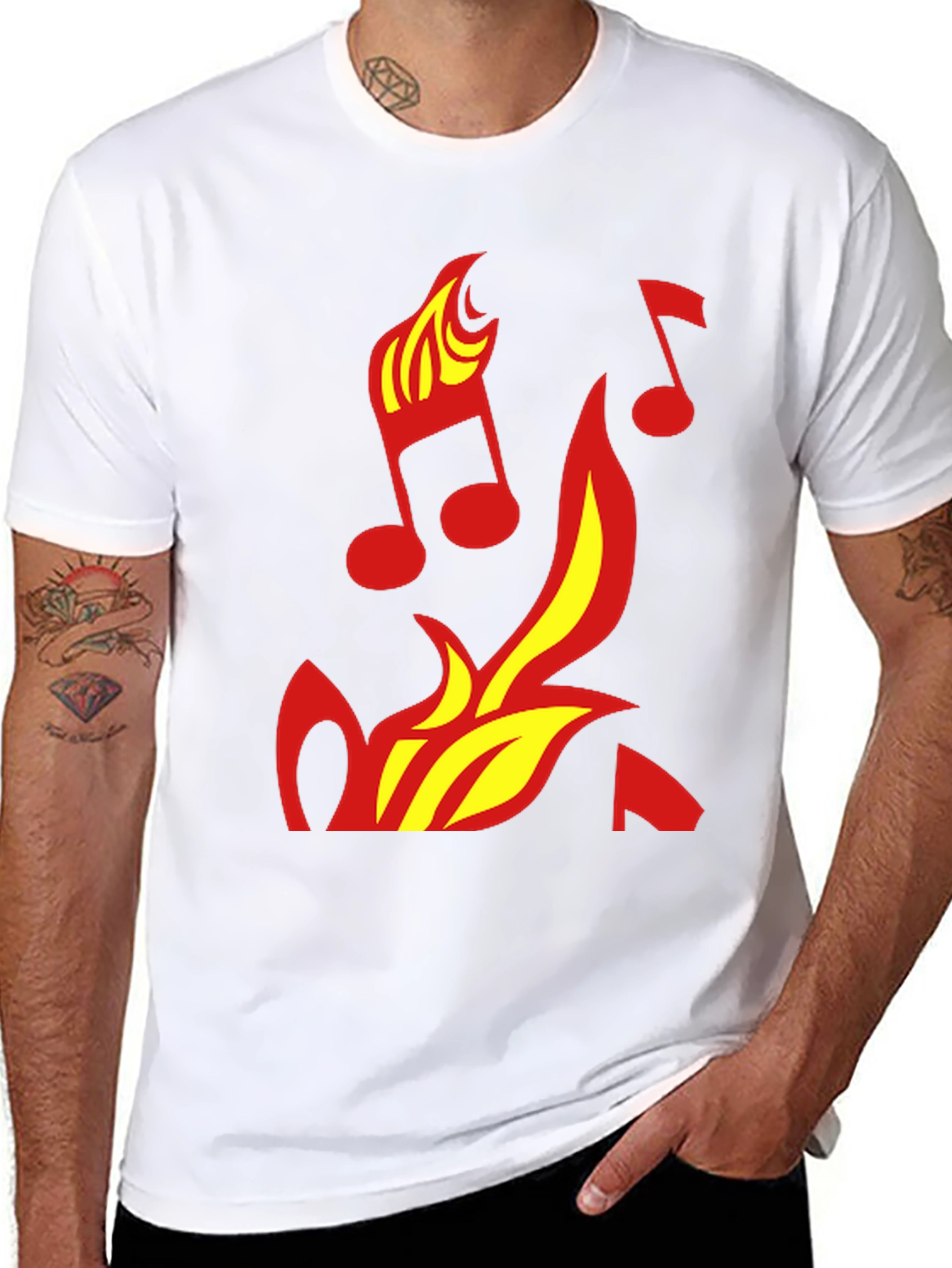 Camiseta Negra con Diseño de Fuego y Notas Musicales