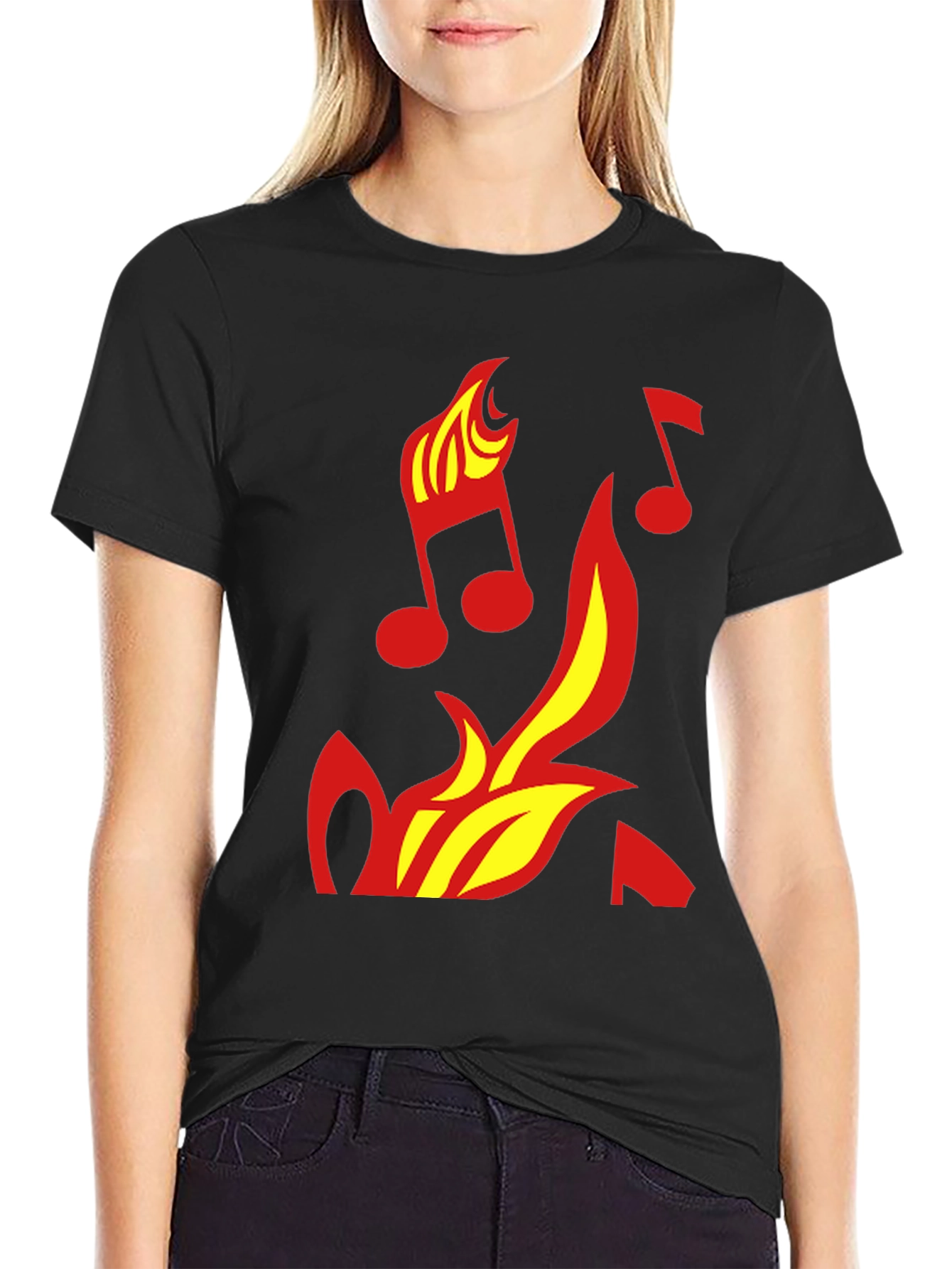 Camiseta Negra con Diseño de Fuego y Notas Musicales