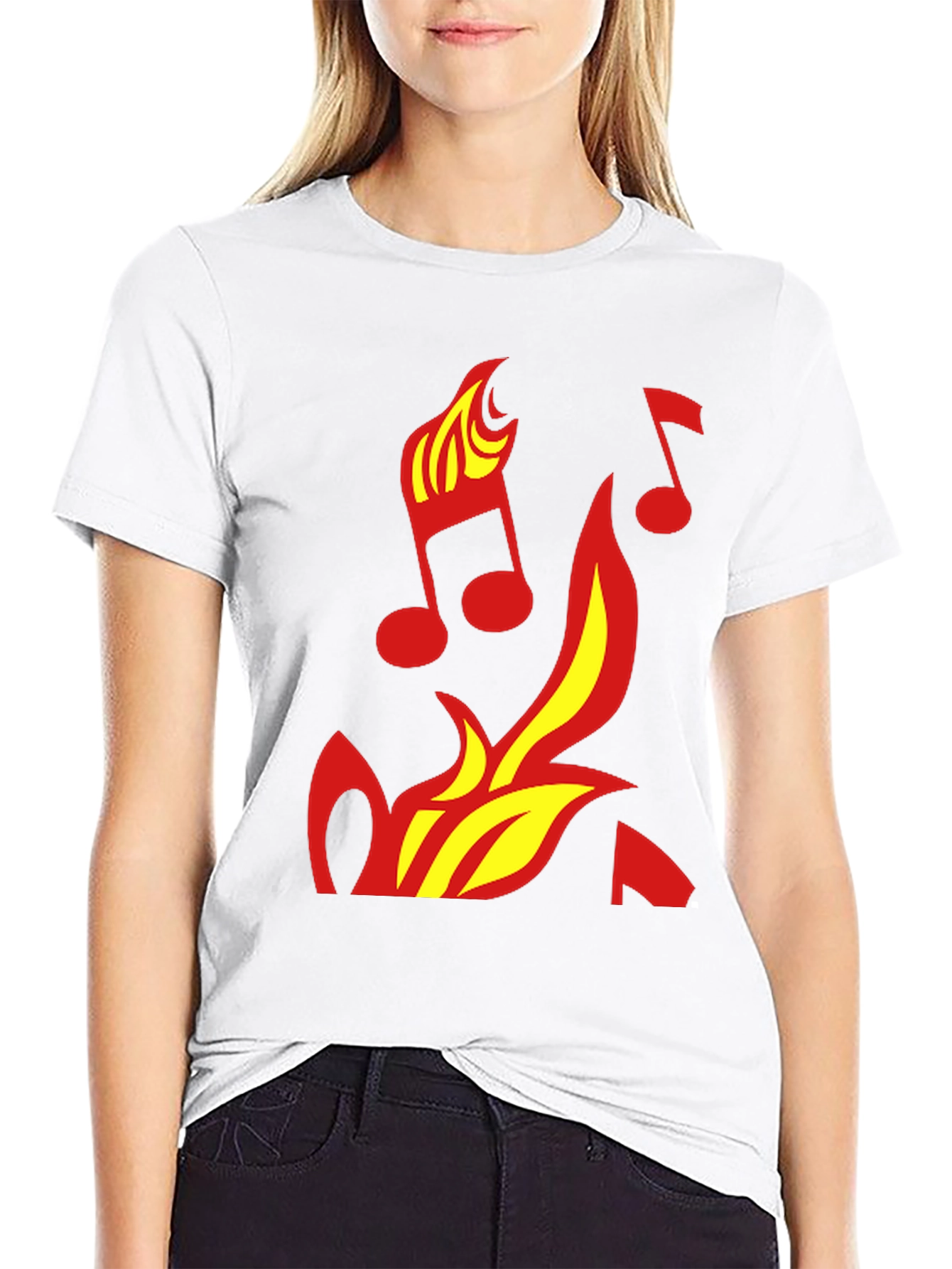 Camiseta Negra con Diseño de Fuego y Notas Musicales