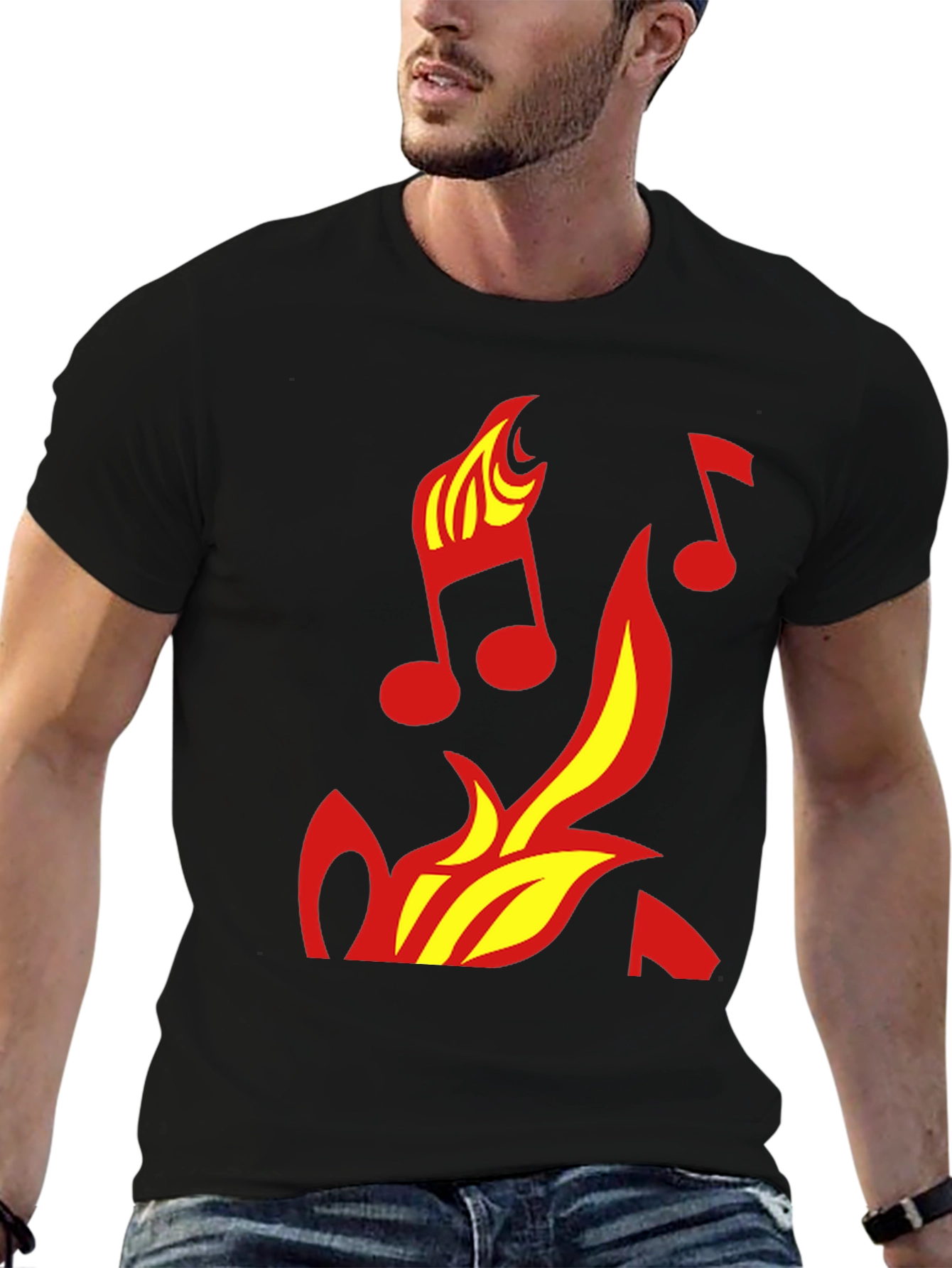 Camiseta Negra con Diseño de Fuego y Notas Musicales