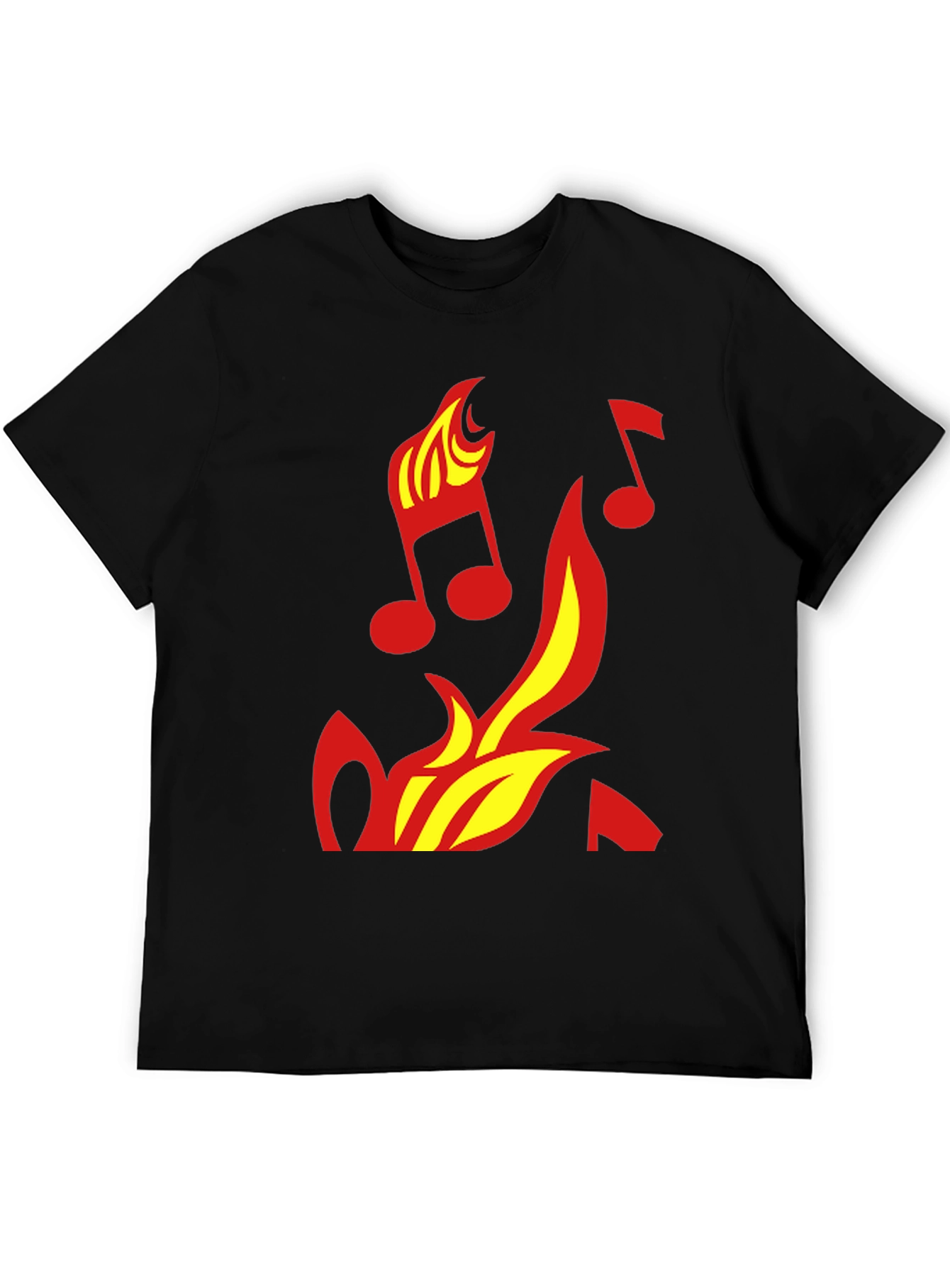 Camiseta Negra con Diseño de Fuego y Notas Musicales