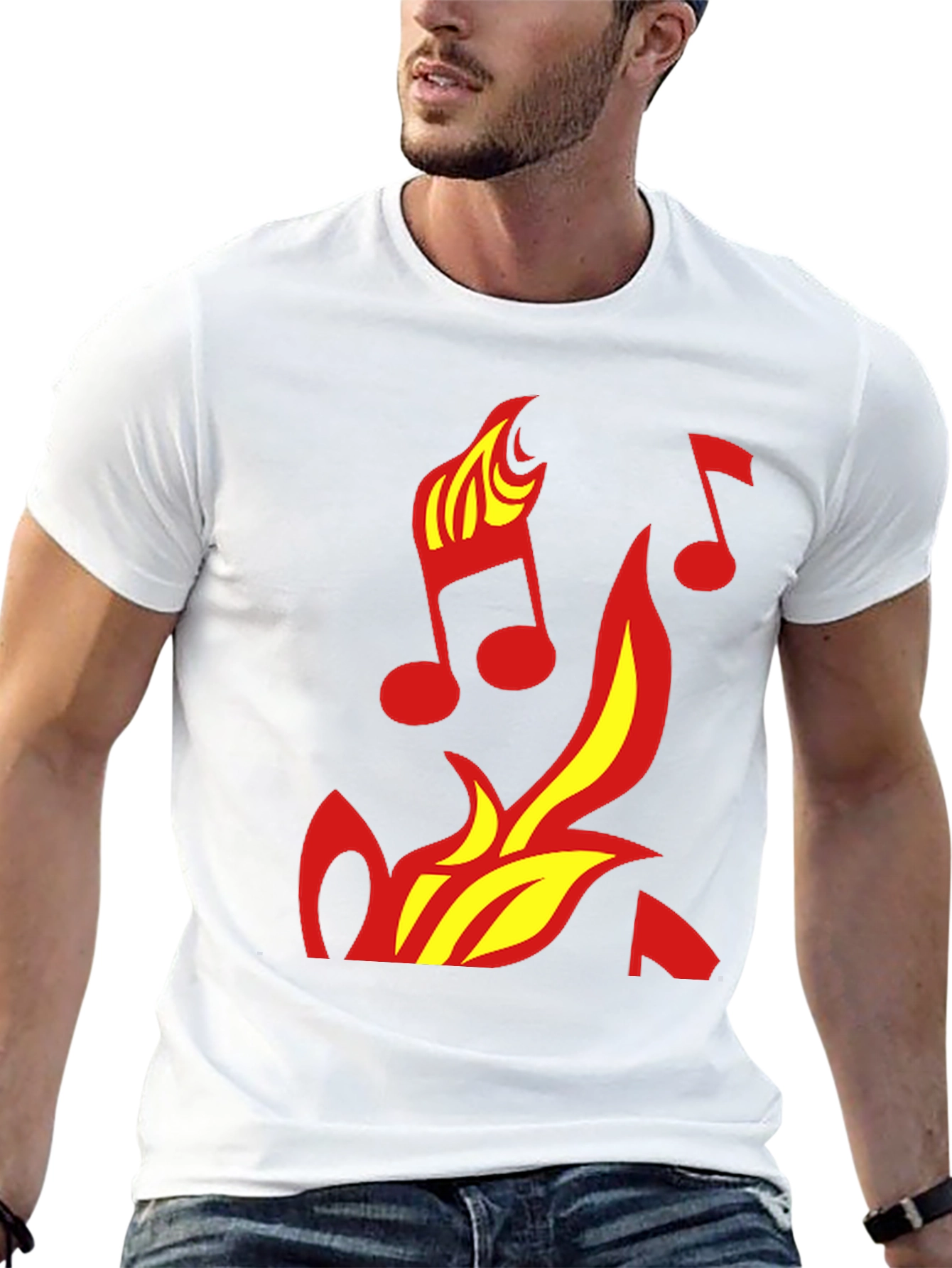 Camiseta Negra con Diseño de Fuego y Notas Musicales