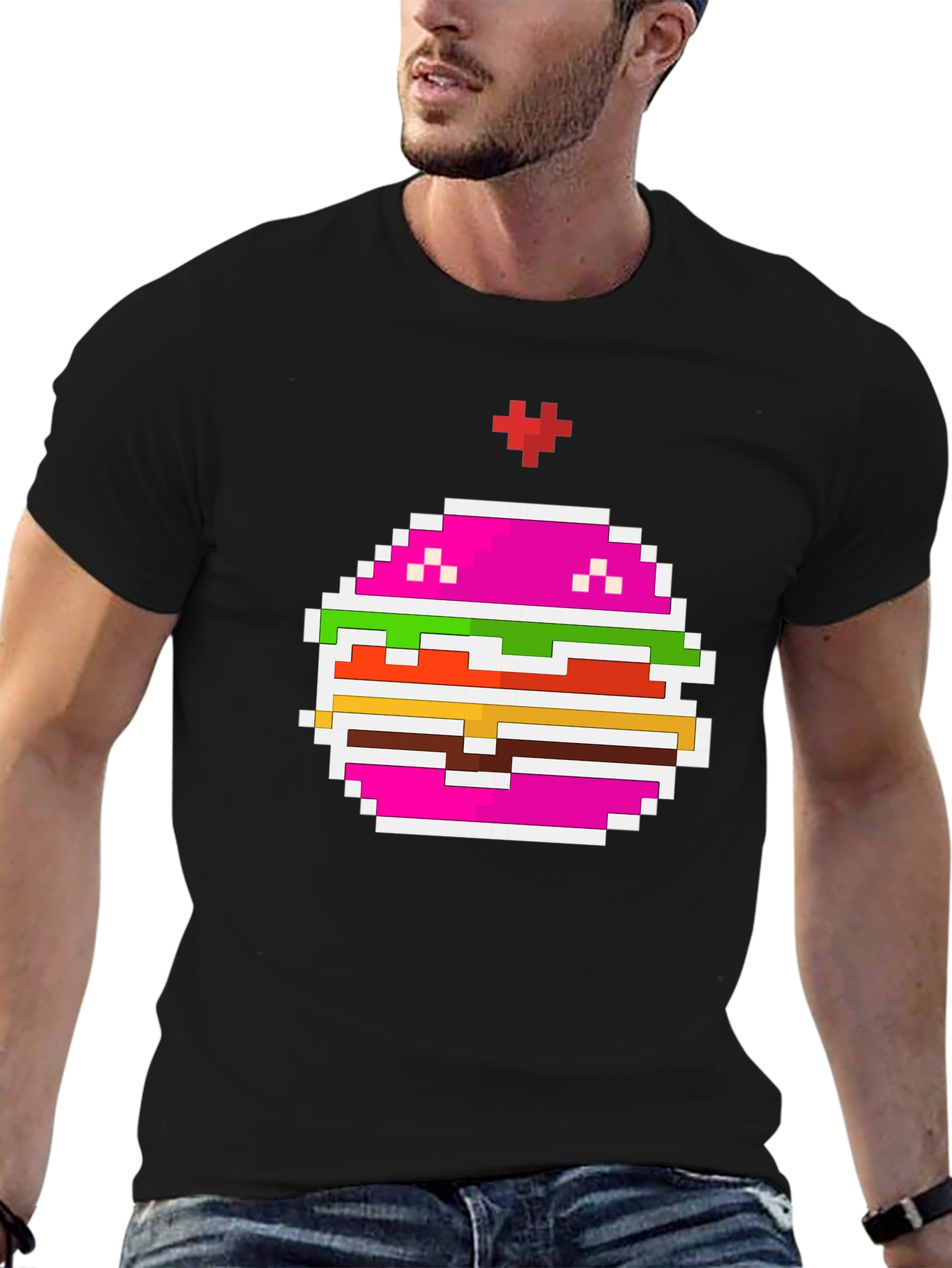 Camiseta Negra con Diseño de Hamburguesa Pixelada