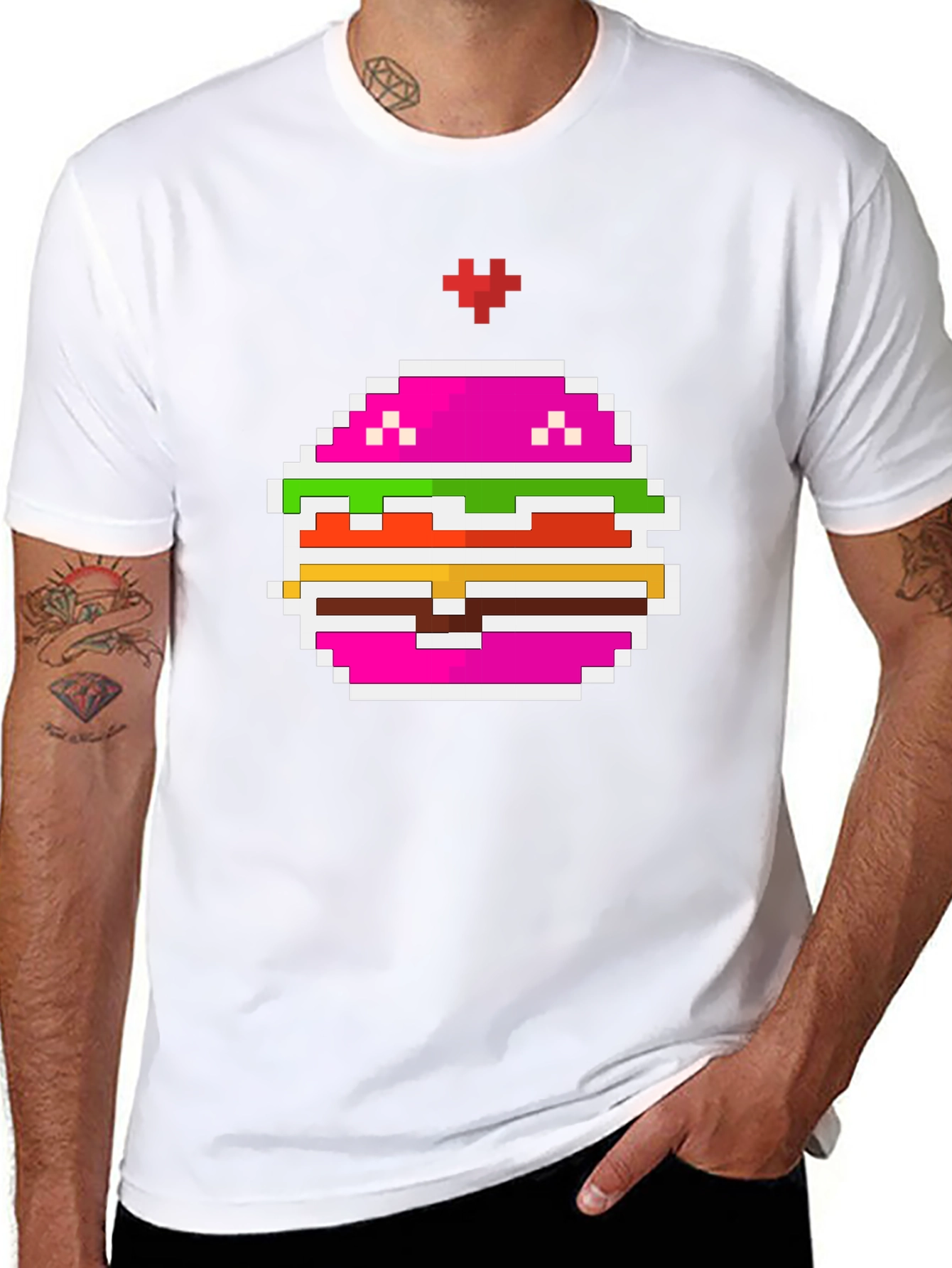 Camiseta Negra con Diseño de Hamburguesa Pixelada
