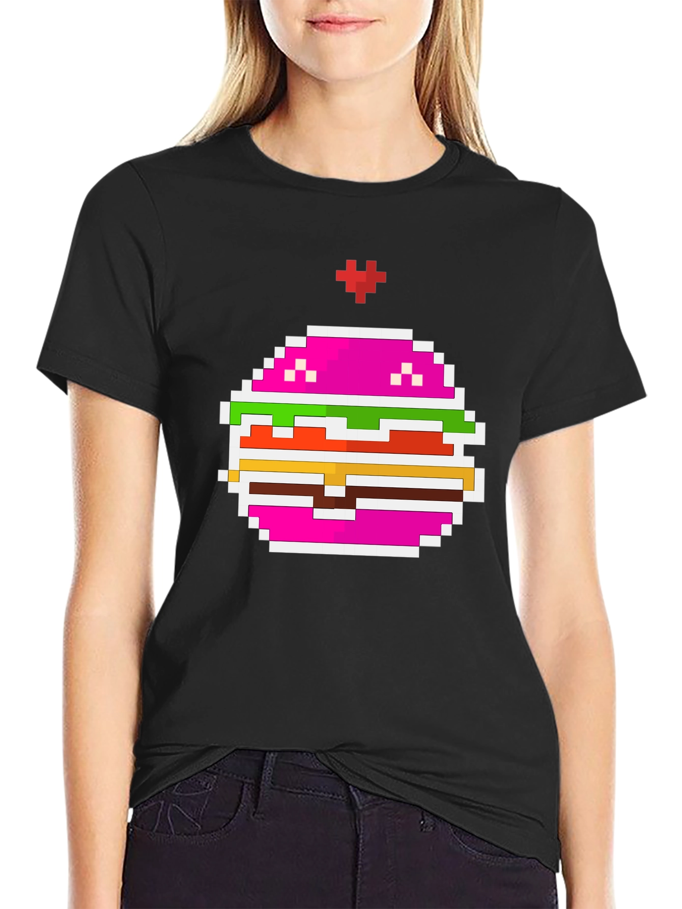 Camiseta Negra con Diseño de Hamburguesa Pixelada