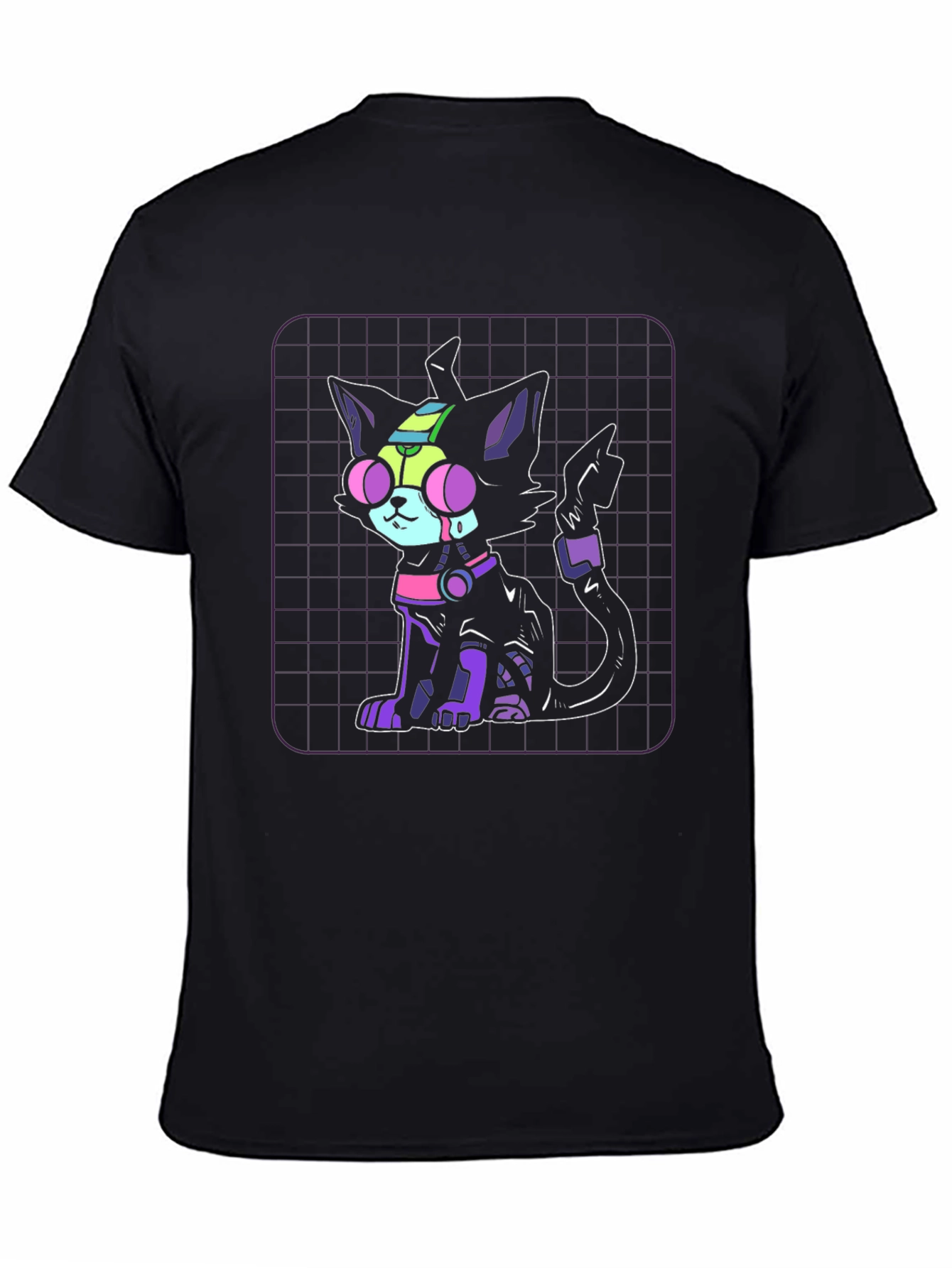 Camiseta Negra con Diseño de Gato Cibernético