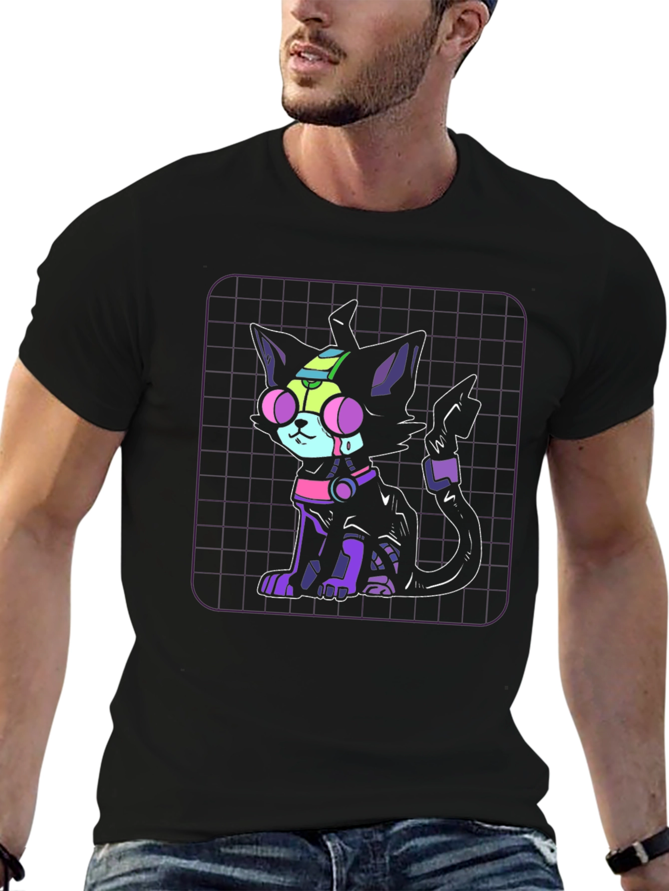 Camiseta Negra con Diseño de Gato Cibernético