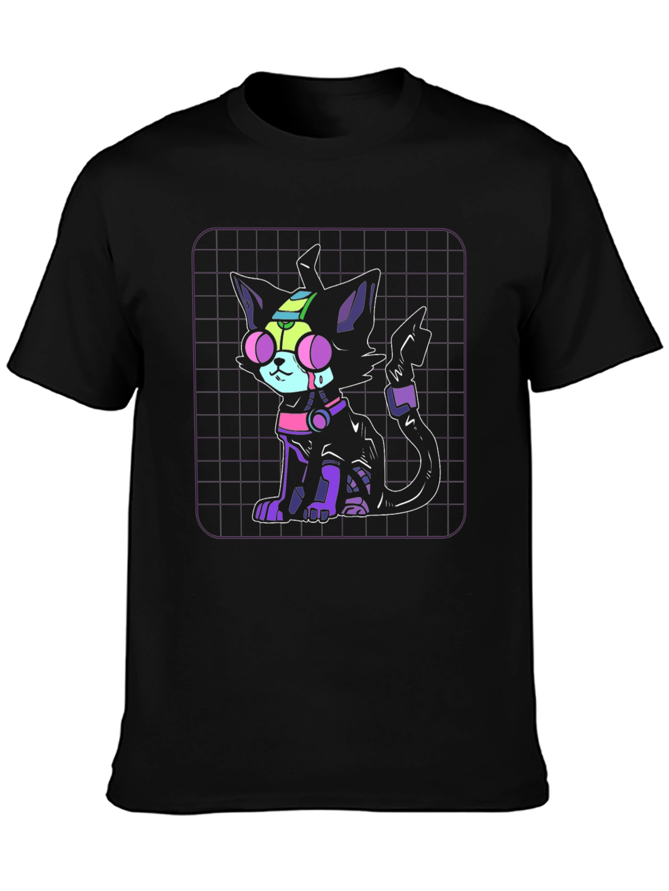 Camiseta Negra con Diseño de Gato Cibernético