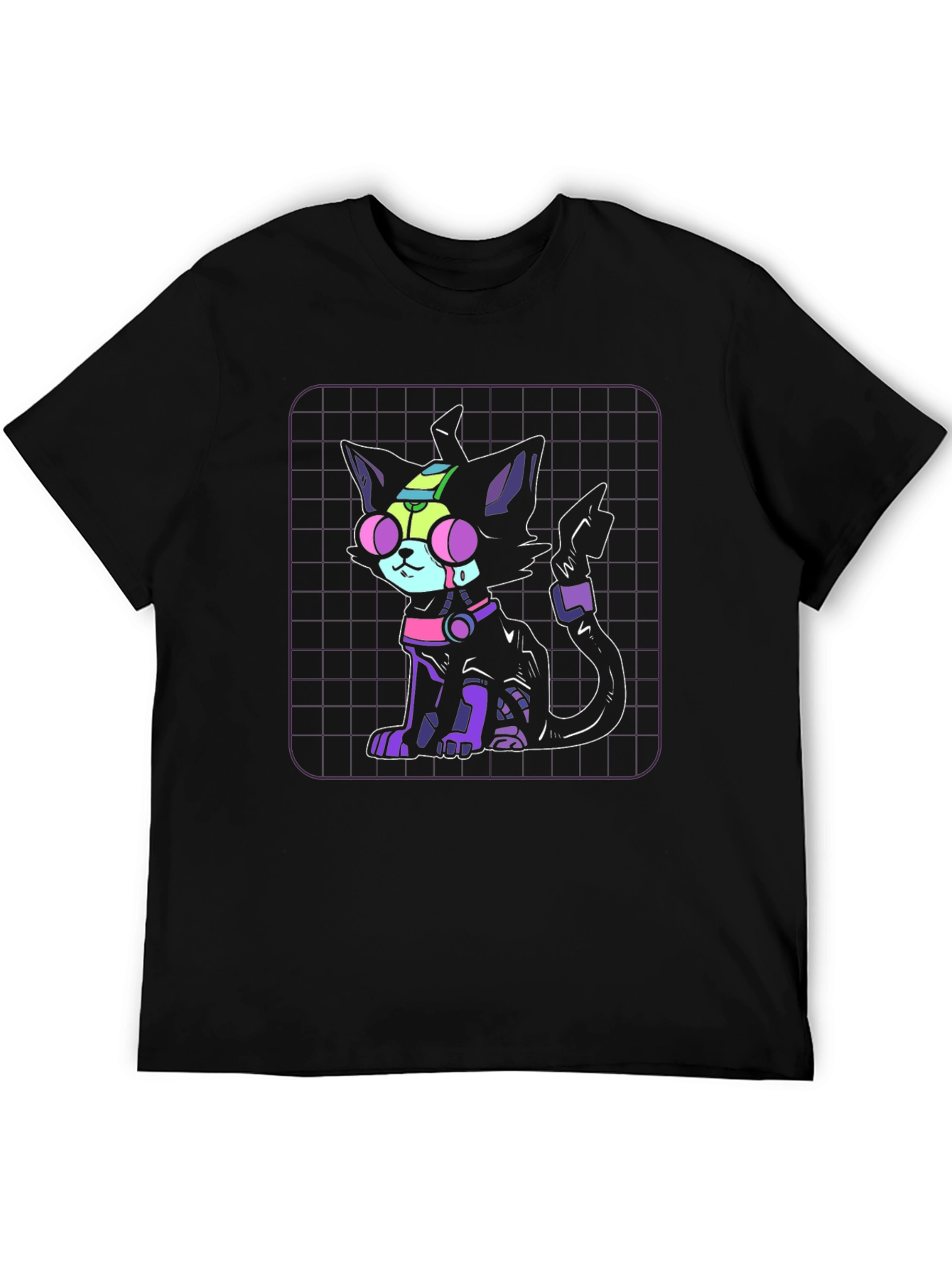 Camiseta Negra con Diseño de Gato Cibernético