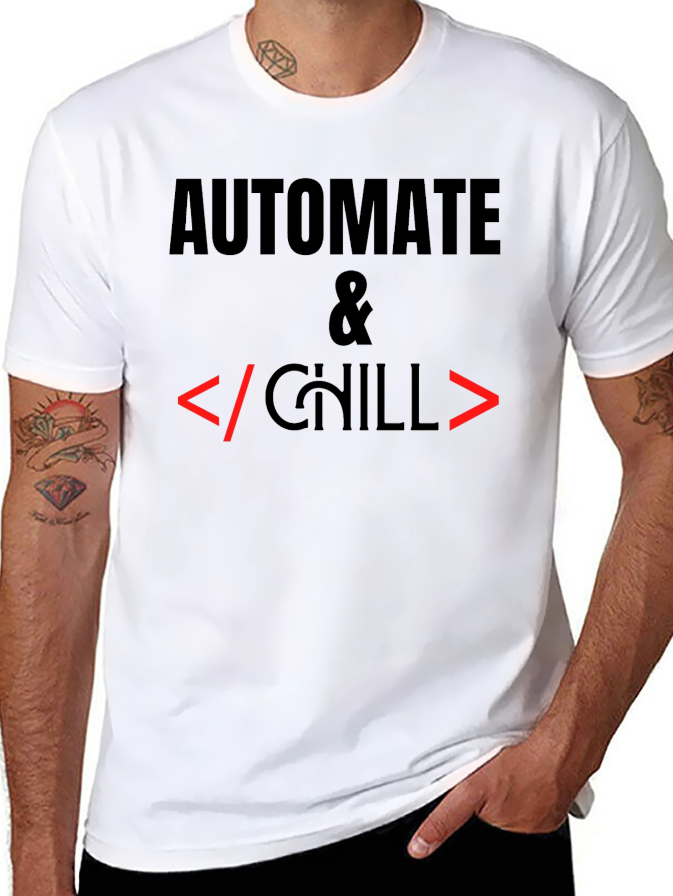 Camiseta Negra Automatiza & Chill para Programadores