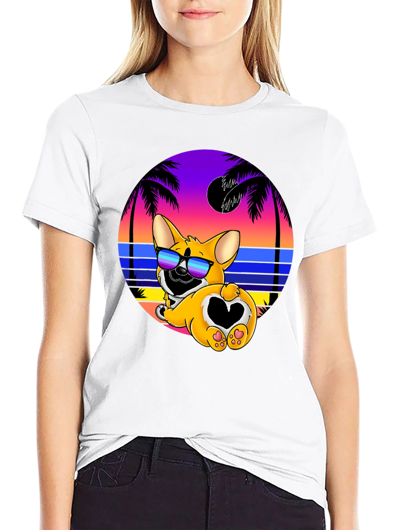 Camiseta Negra con Diseño Corgi Playa