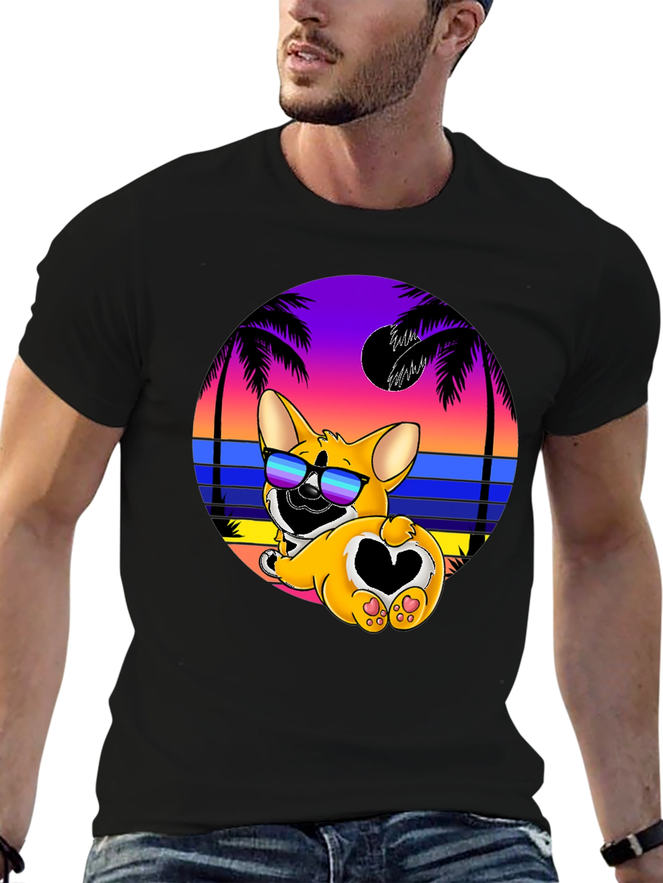 Camiseta Negra con Diseño Corgi Playa